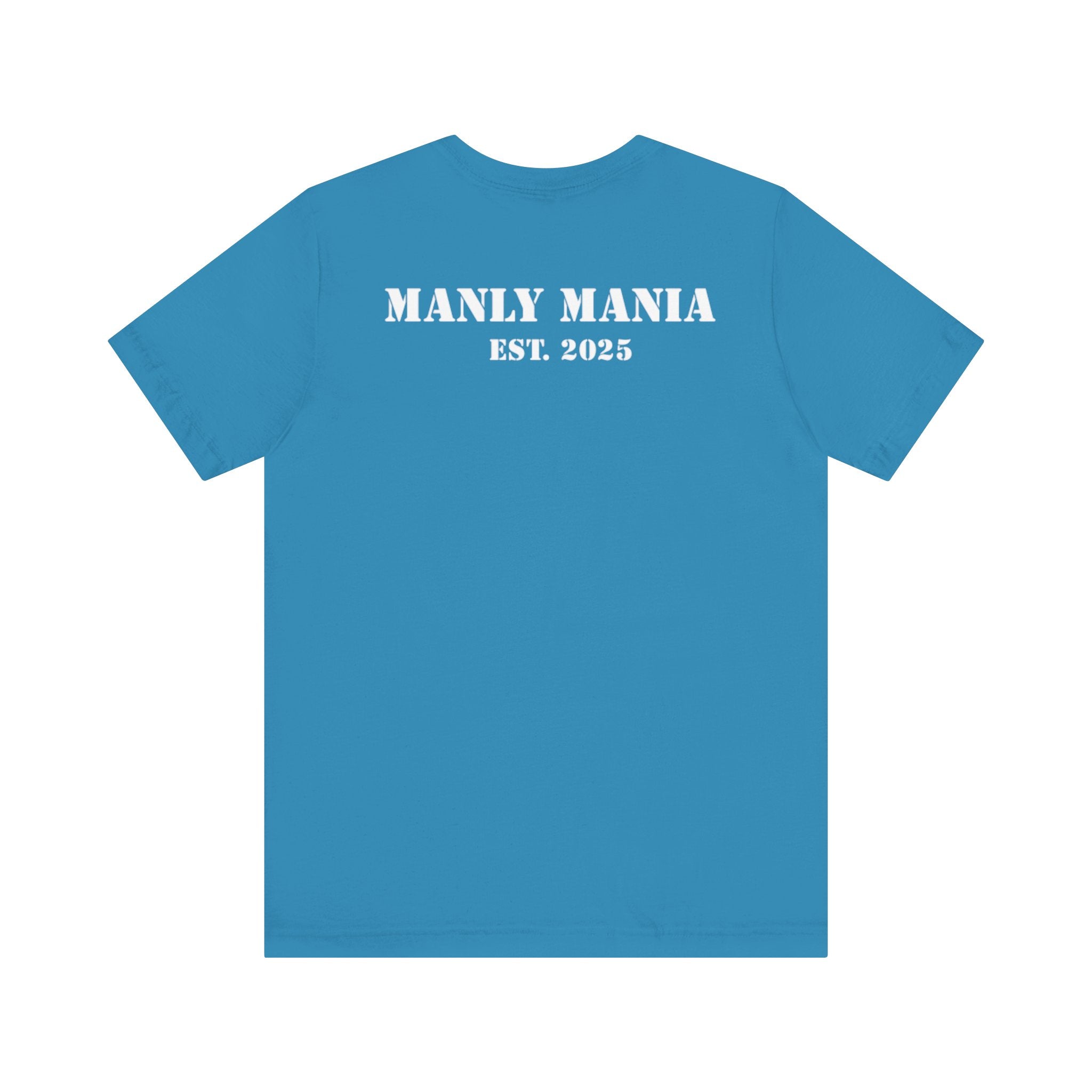 Manly Mania Rebel men's aqua t-shirt back view, graphic tee