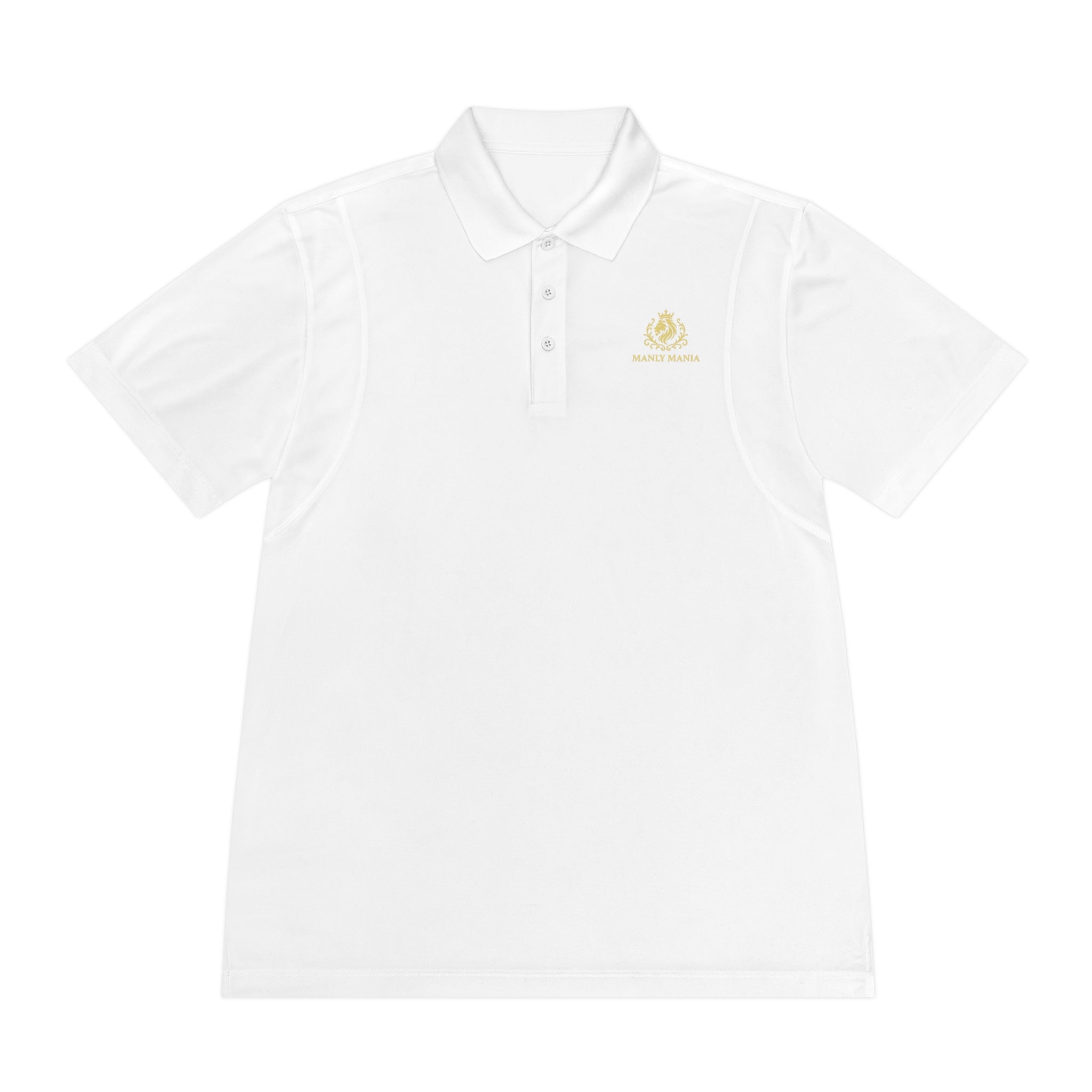 Manly Mania Golden Titan Polo Shirt in White – Front View – Classic Mens Golf Shirt
