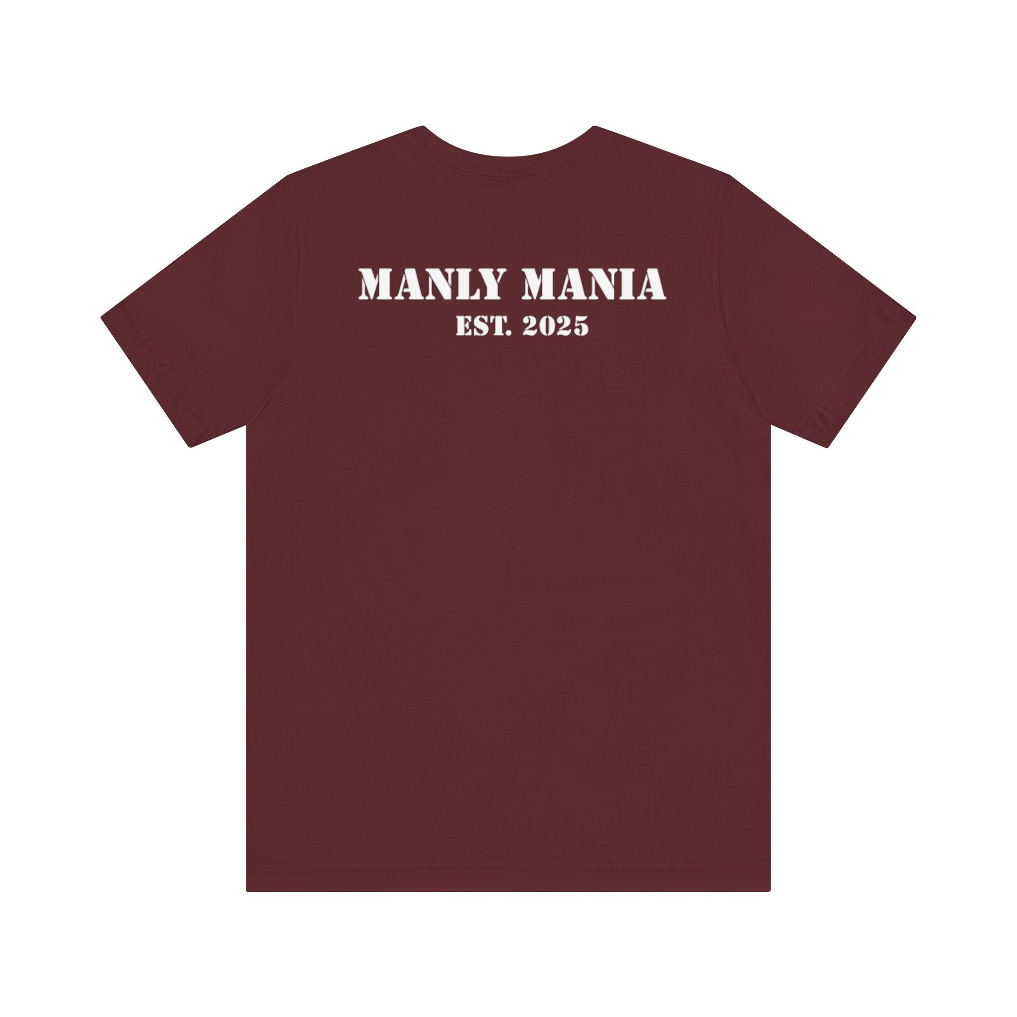 Manly Mania Rebel men's maroon t-shirt back view, graphic tee