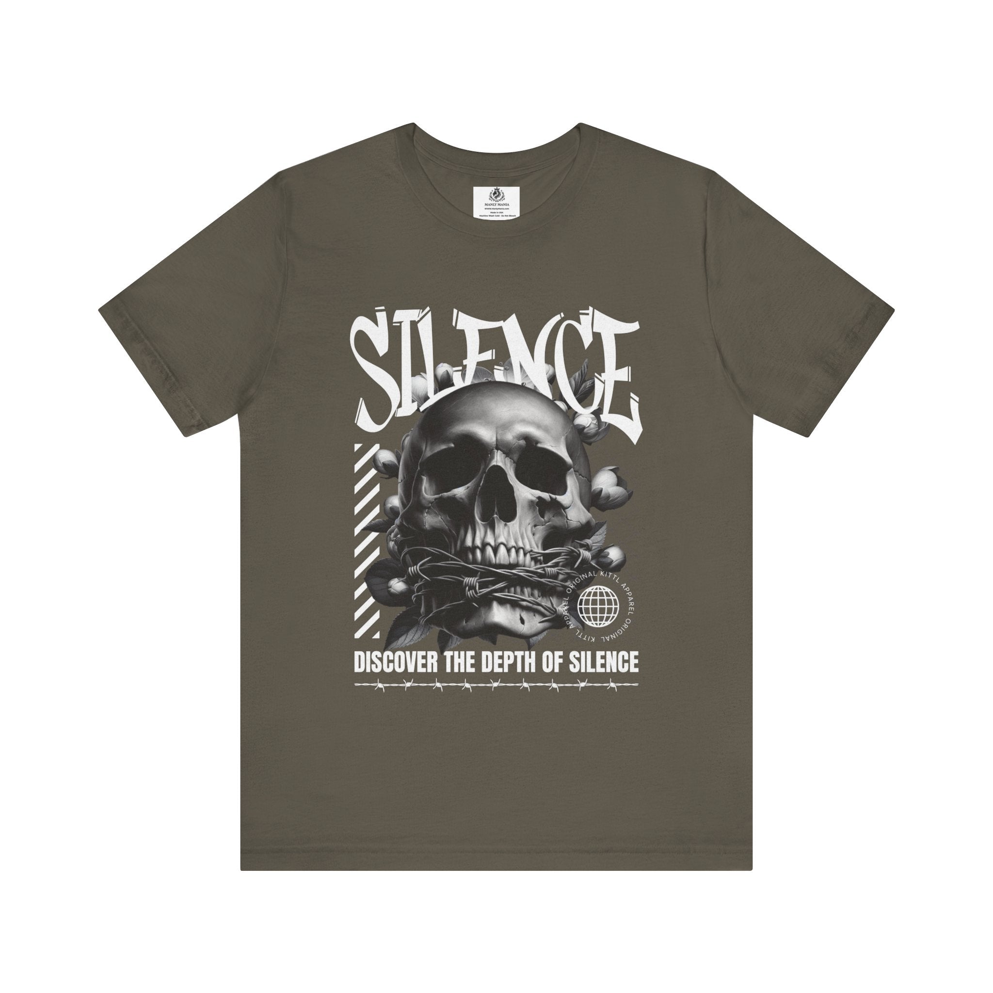 Manly Mania The Silence Tee Army Front View – Men’s Graphic T Shirt