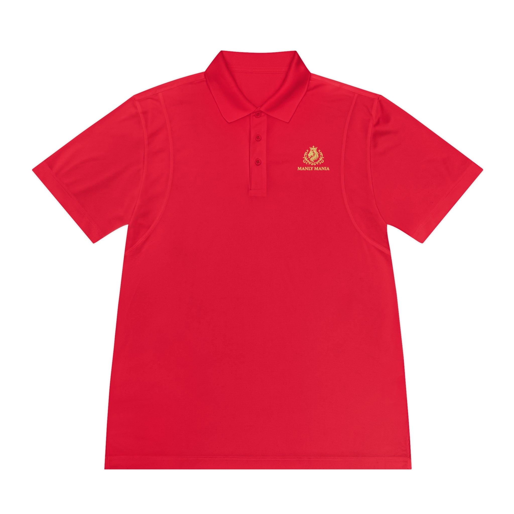 Manly Mania Golden Titan Polo Shirt in True Red – Front View – Premium Golf Polo