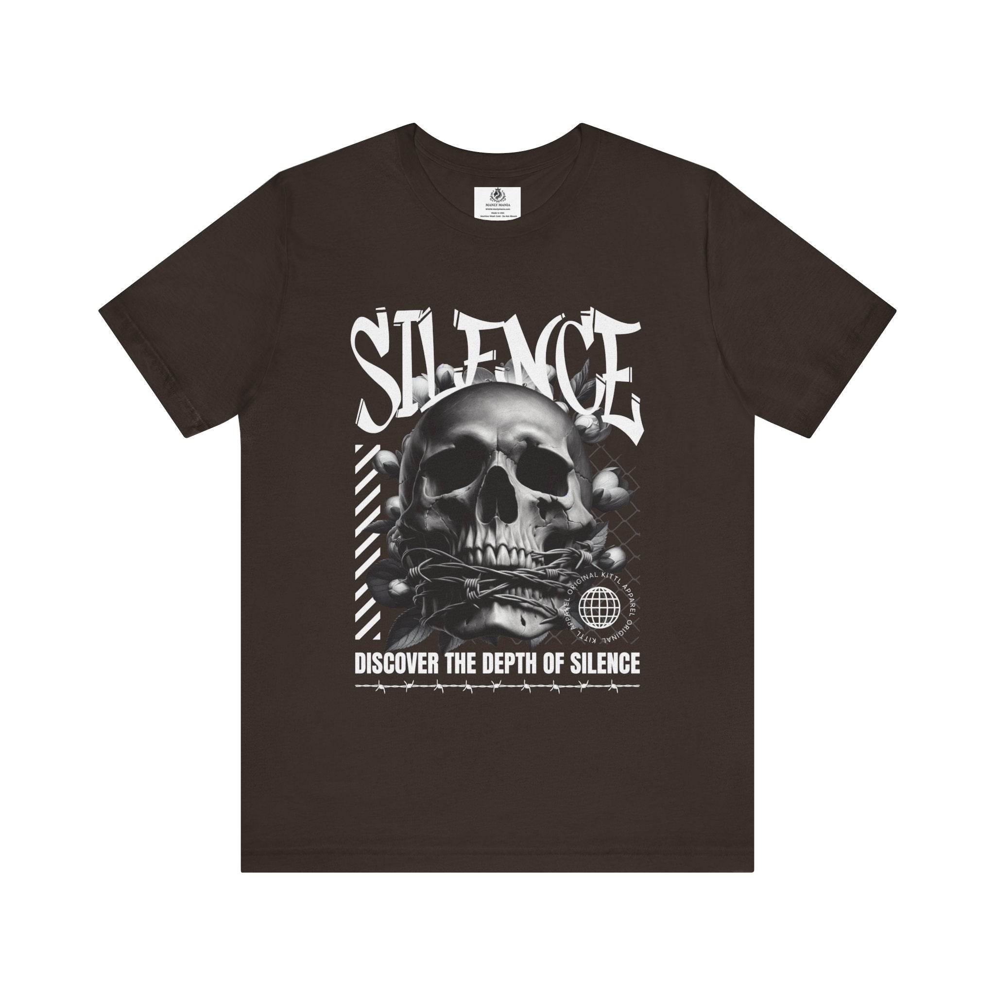 Manly Mania The Silence Tee Brown Front View – Men’s Graphic T Shirt