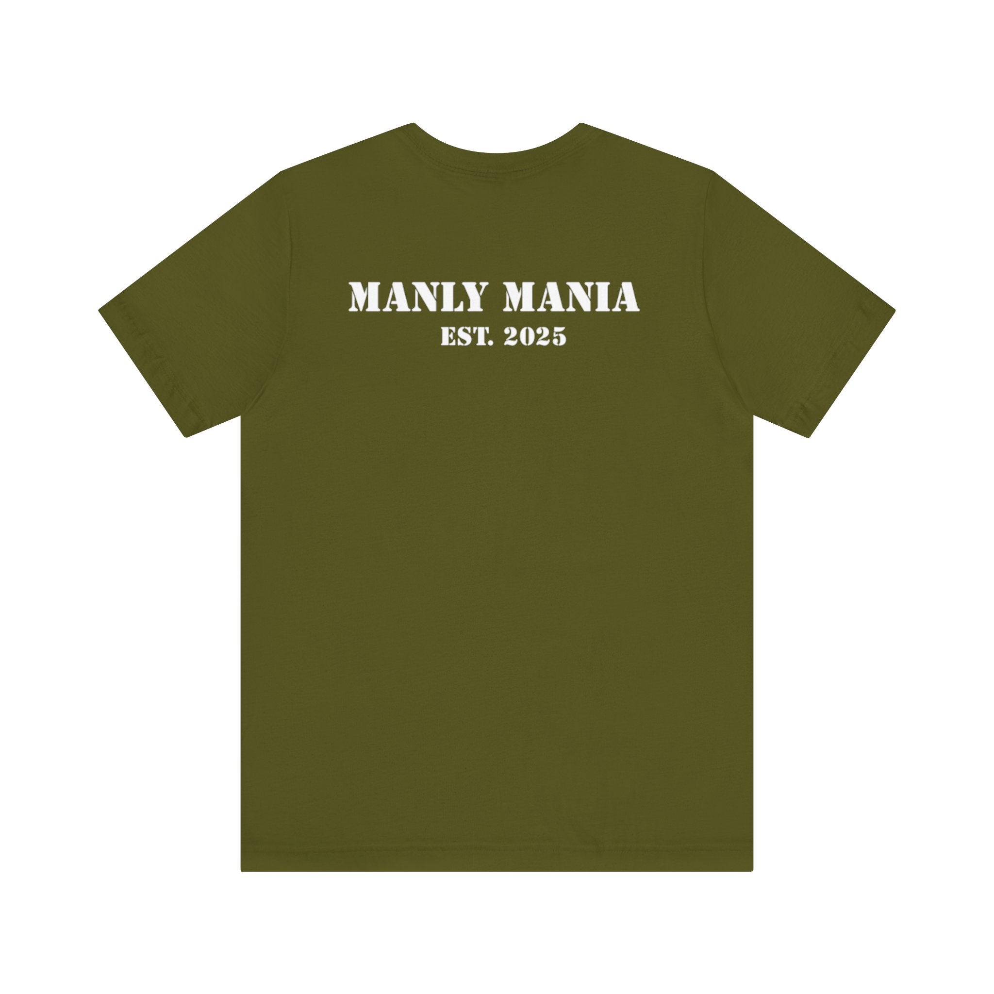 Manly Mania Car Enthusiast Tee in Olive – Front View – Men's Graphic T Shirt