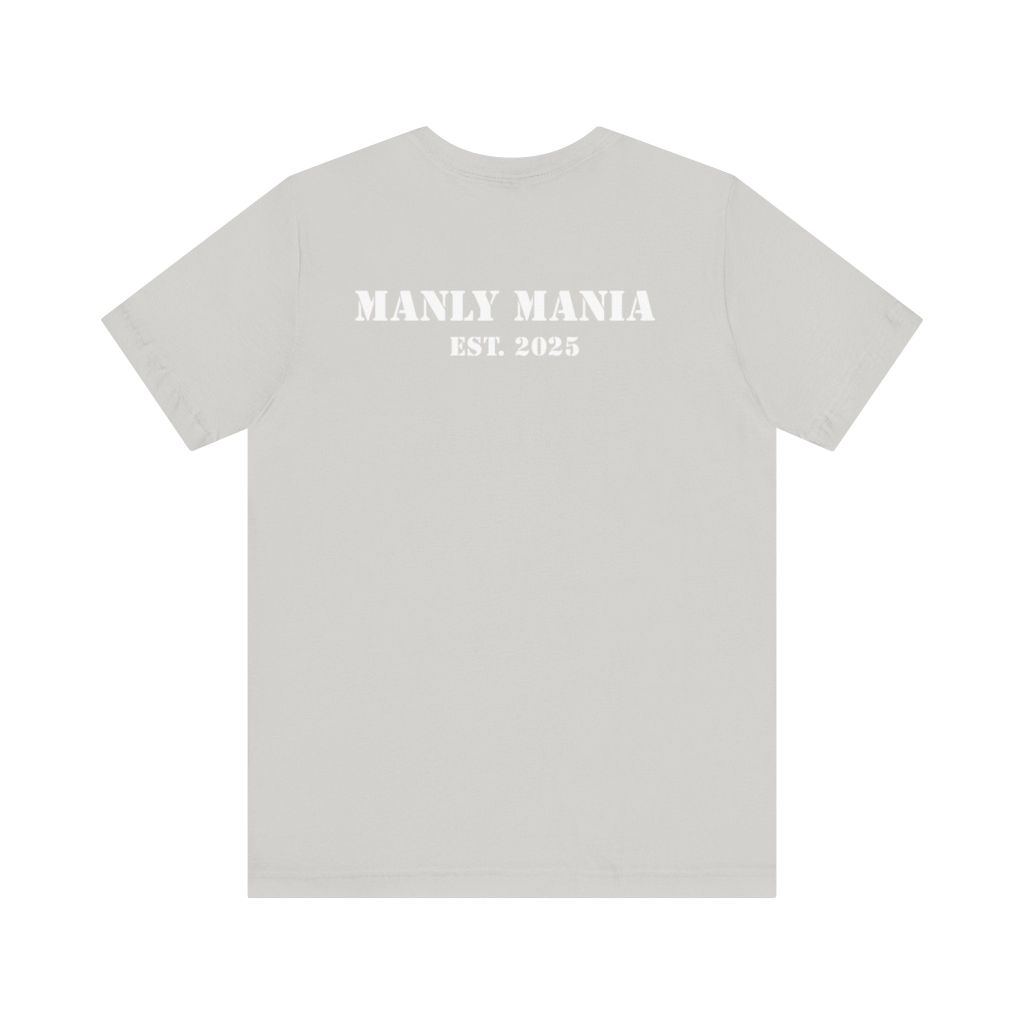 Manly Mania Core men's white t-shirt front view, graphic tee