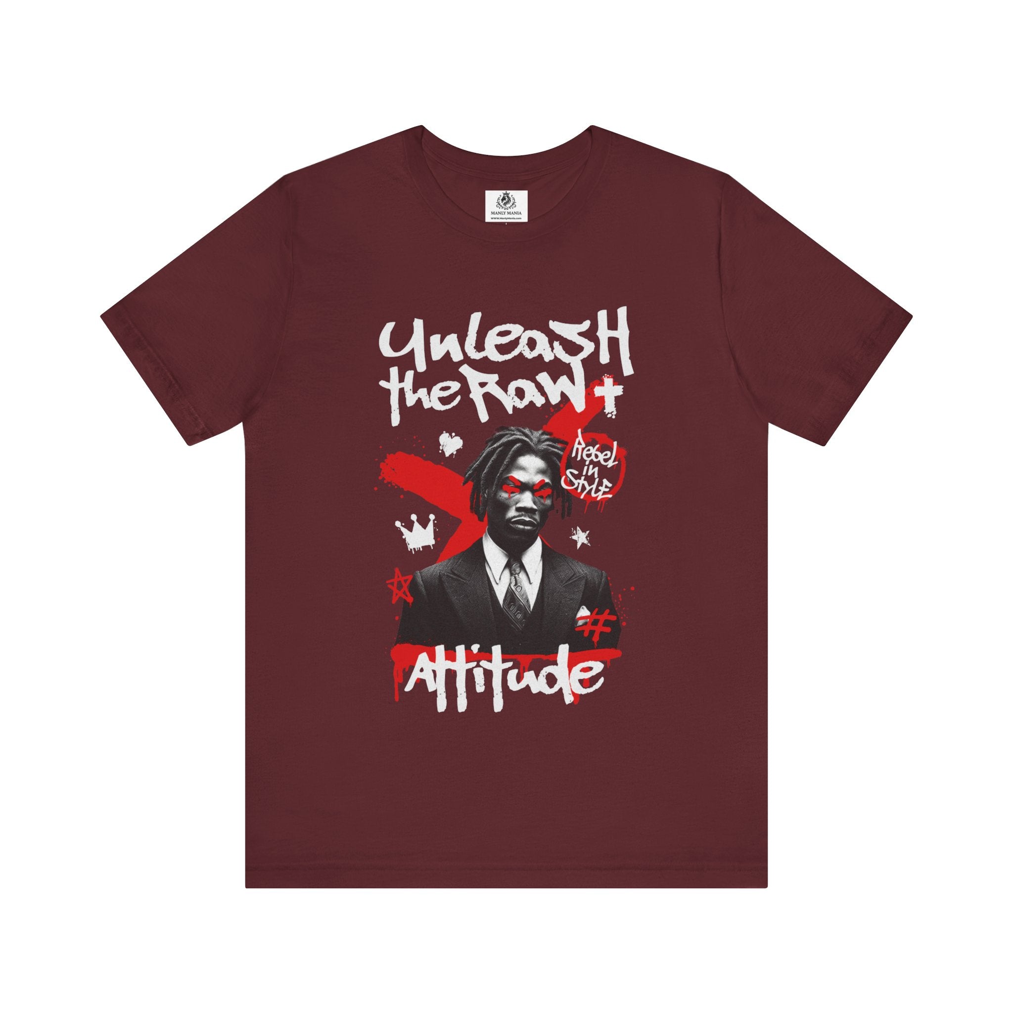 Manly Mania Maroon Attitude T-Shirt Front View – Deep Color Graphic T Shirt