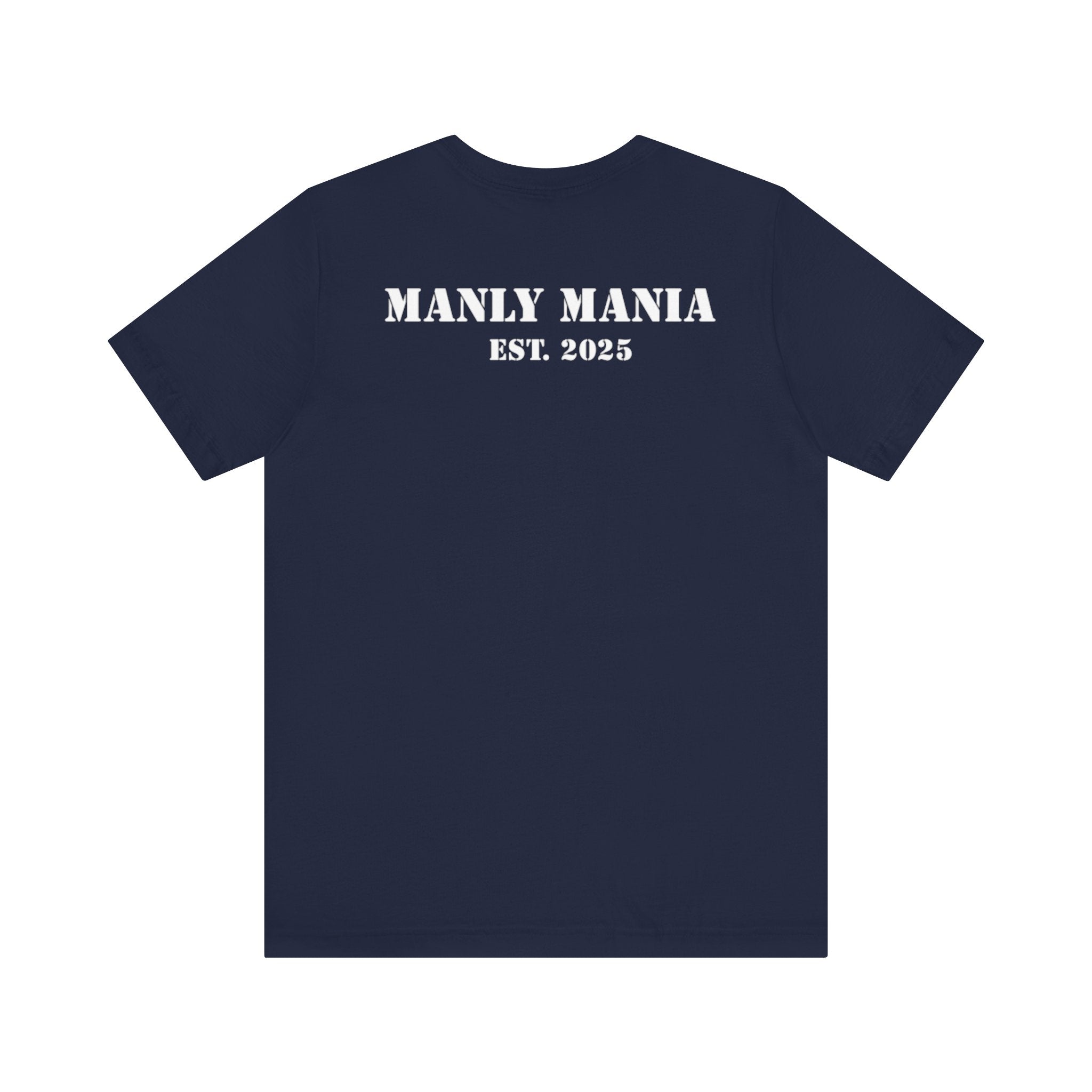 Manly Mania Rebel men's navy t-shirt back view, graphic tee