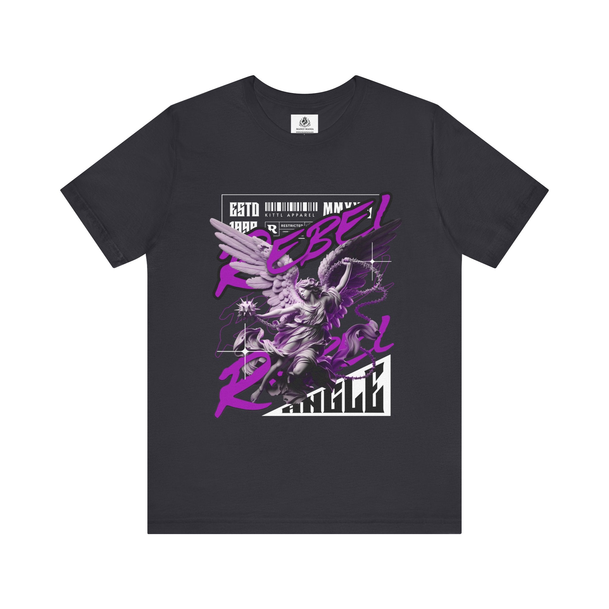 Manly Mania Rebel men's dark grey t-shirt front view, graphic tee