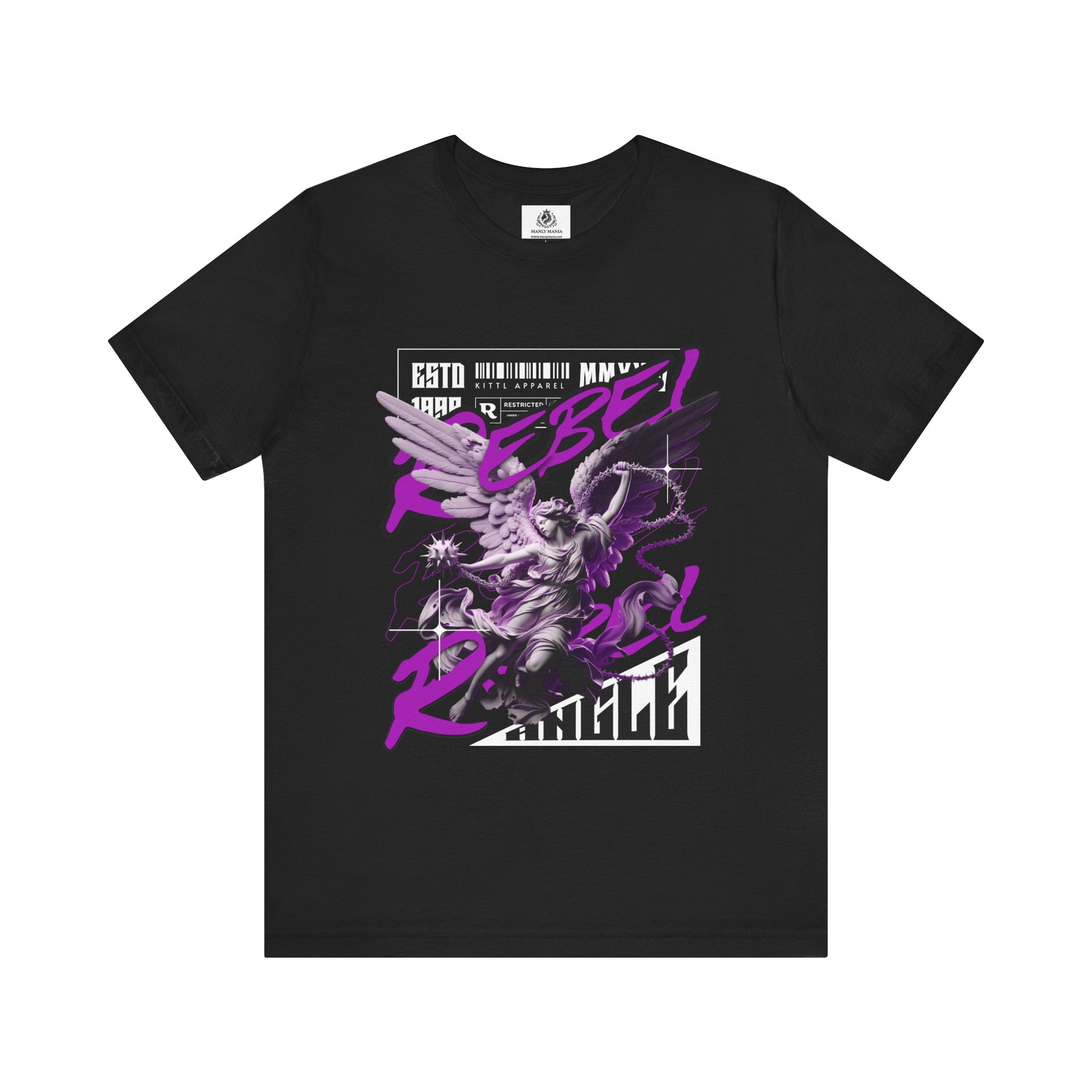 Manly Mania Rebel men's black t-shirt front view, graphic tee