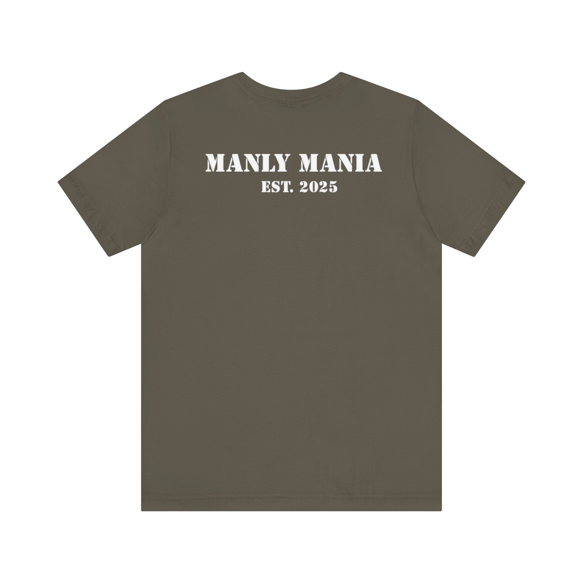 Manly Mania Rebel men's army green t-shirt back view, graphic tee