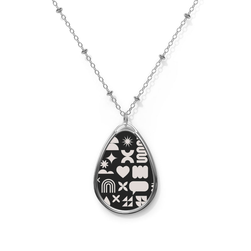 Oval Pendant Necklace — Modern Black & White Icon Pattern Teardrop Necklace Printify