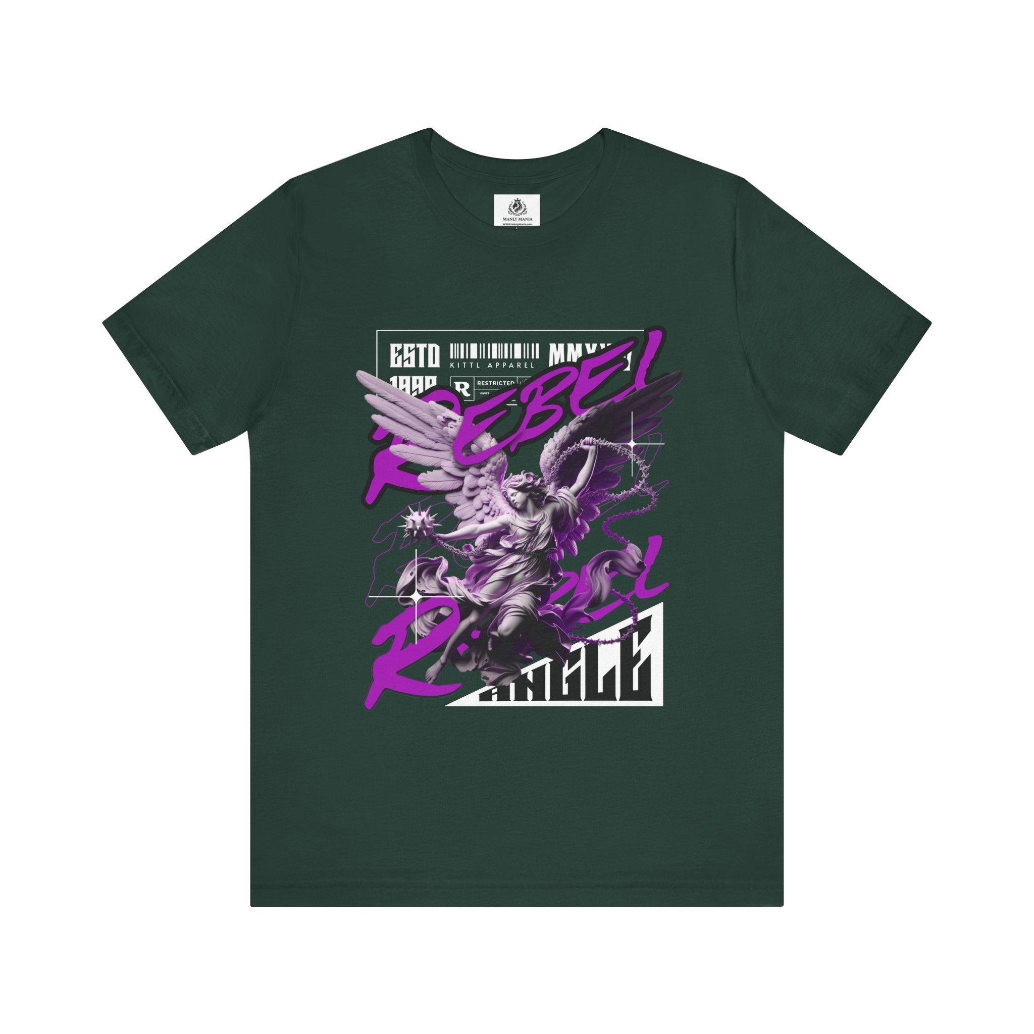 Manly Mania Rebel men's forest green t-shirt front view, graphic tee