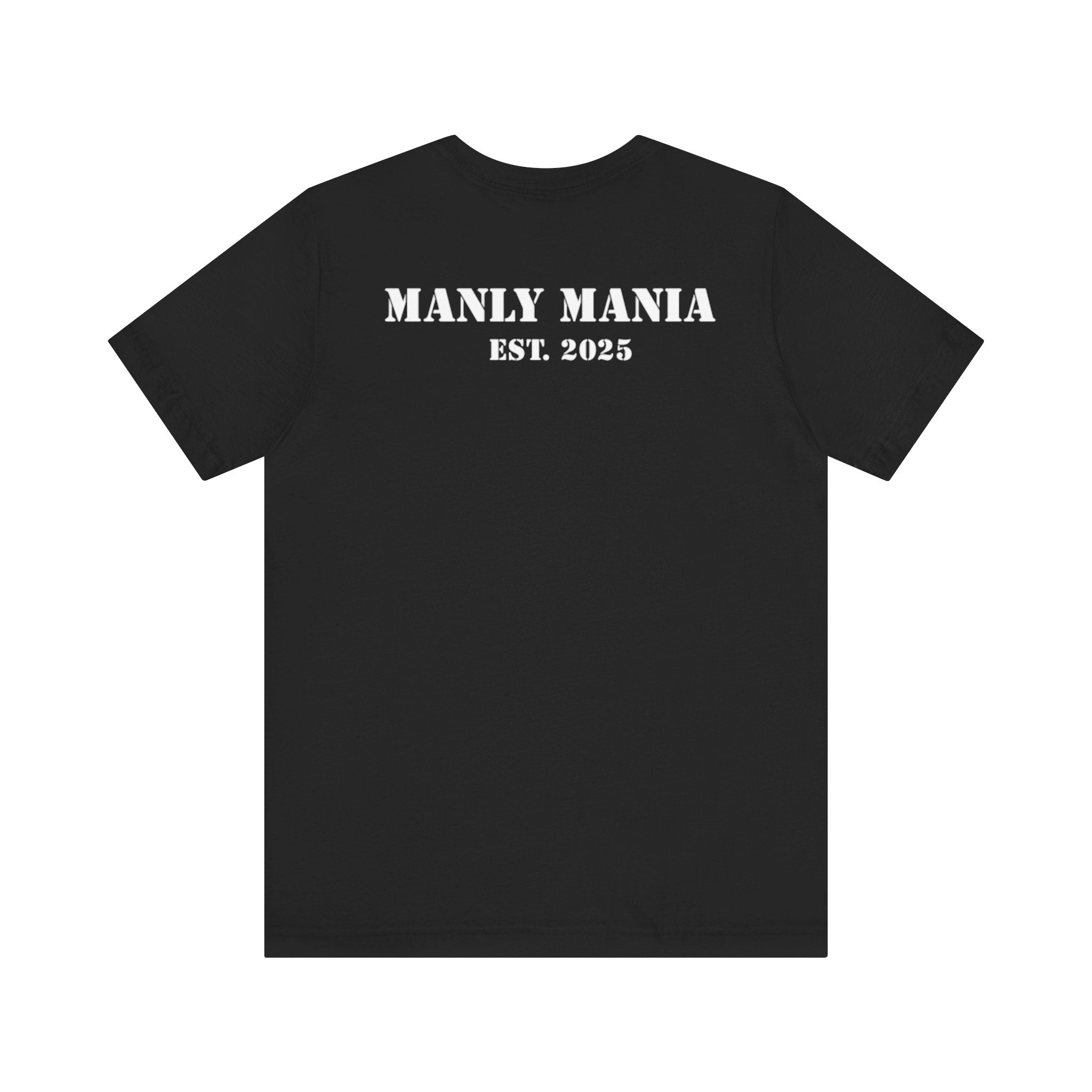 Manly Mania Rebel men's black t-shirt back view, graphic tee