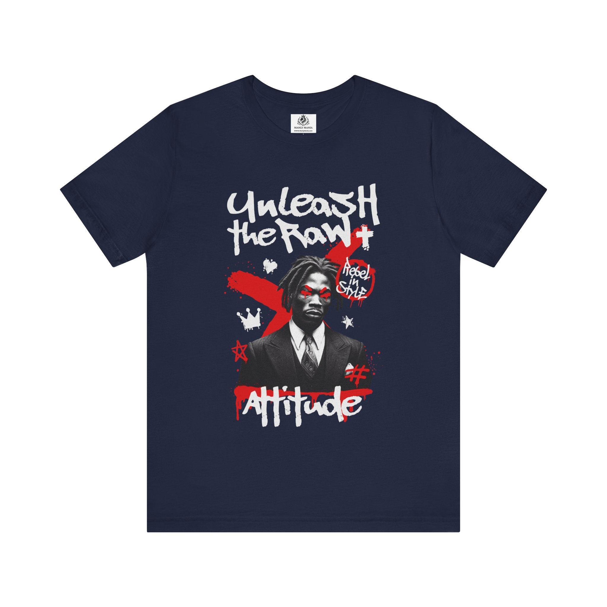  Manly Mania Navy Attitude T-Shirt Front View – Men's Graphic T Shirt