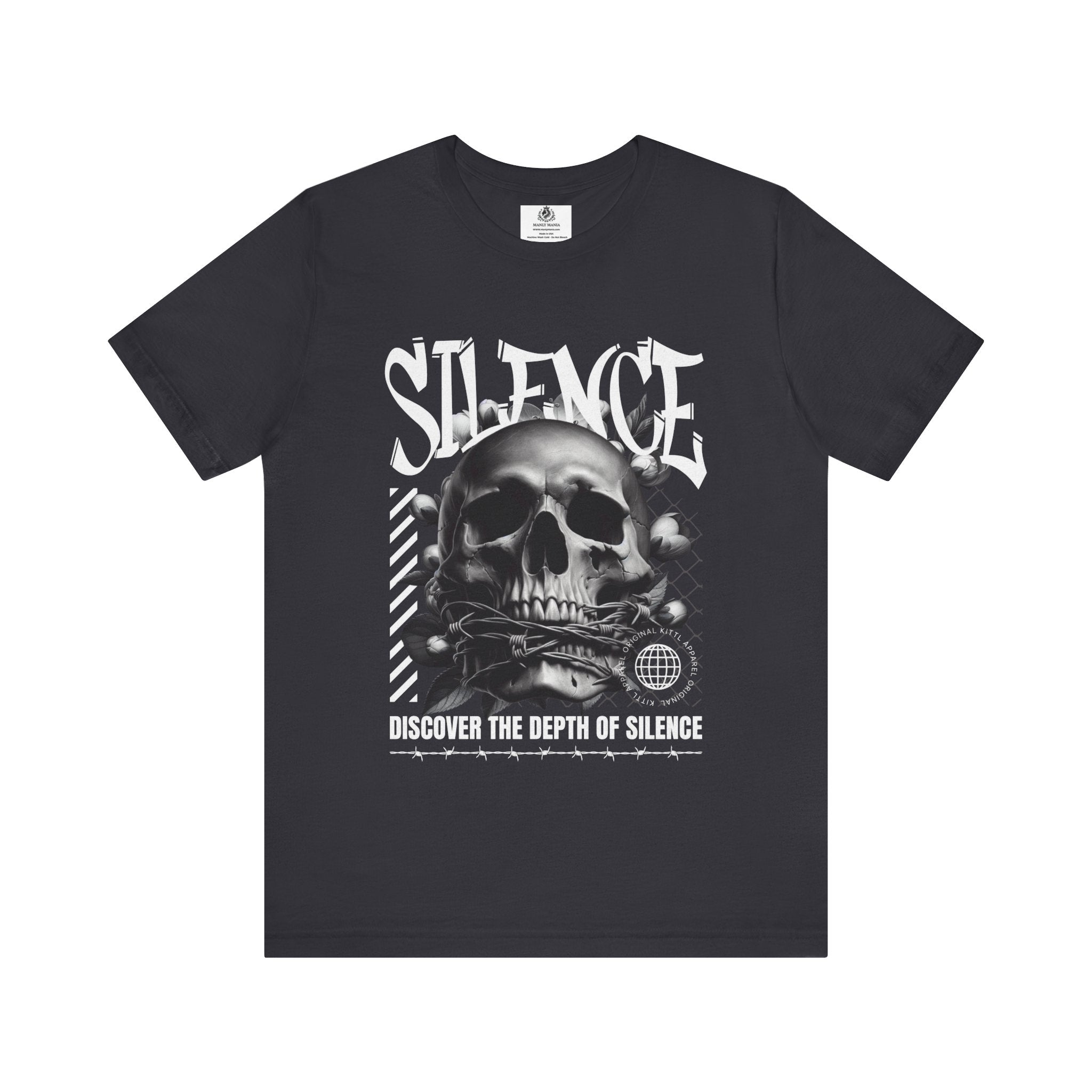 Manly Mania The Silence Tee Dark Grey Front View – Men’s Graphic T Shirt