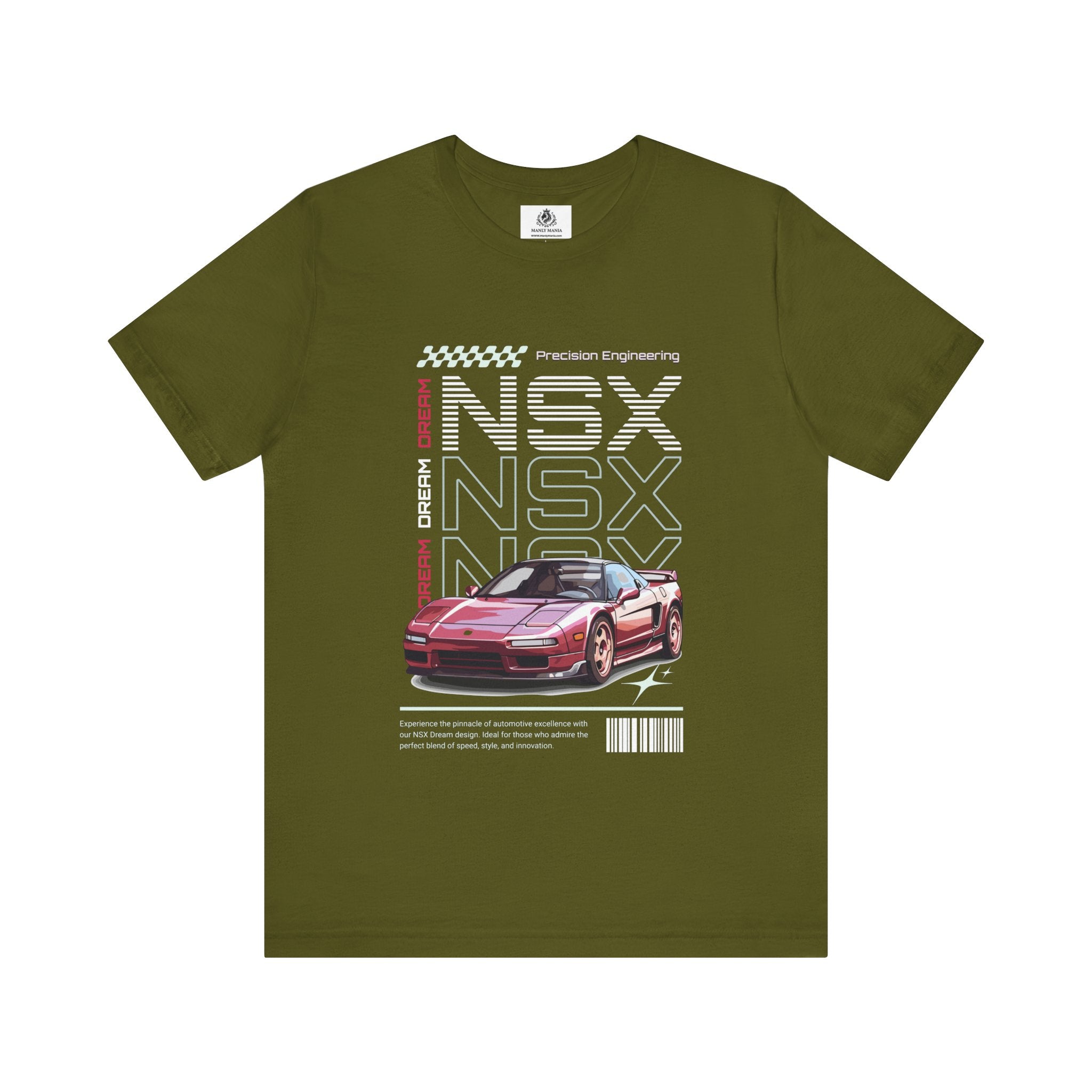 Manly Mania Car Enthusiast Tee in Olive – Front View – Men's Graphic T Shirt