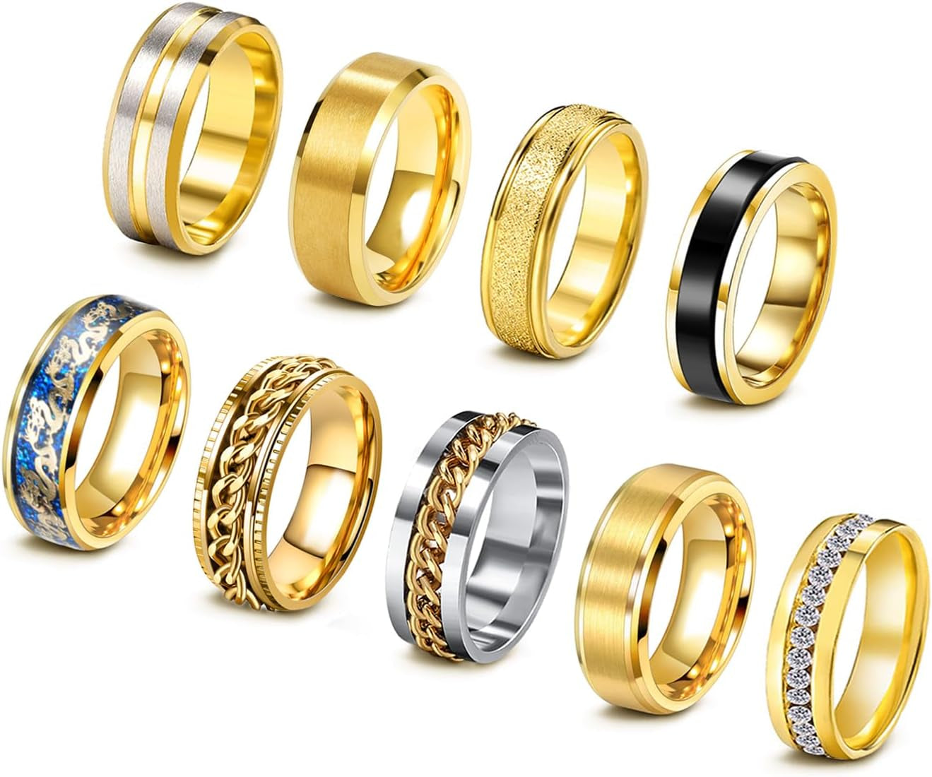 Gold Nine Fold mens rings set with spinner chains - premium stainless steel promise rings
