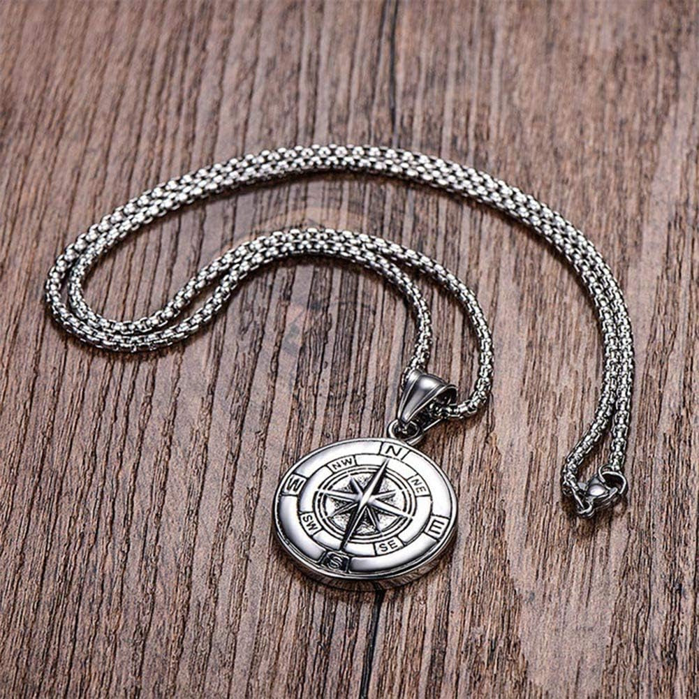 Close-up of Dominion Compass pendant – polished stainless steel men's pendant on chain