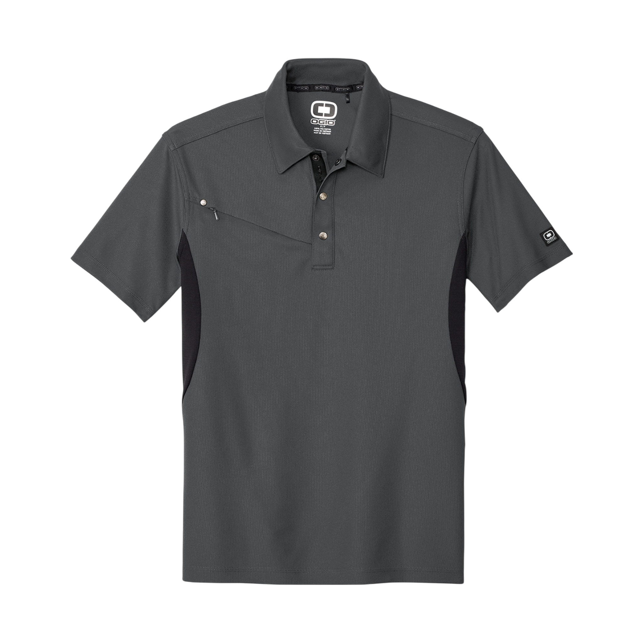 Front view of Diesel Grey and Blacktop men's performance polo shirt