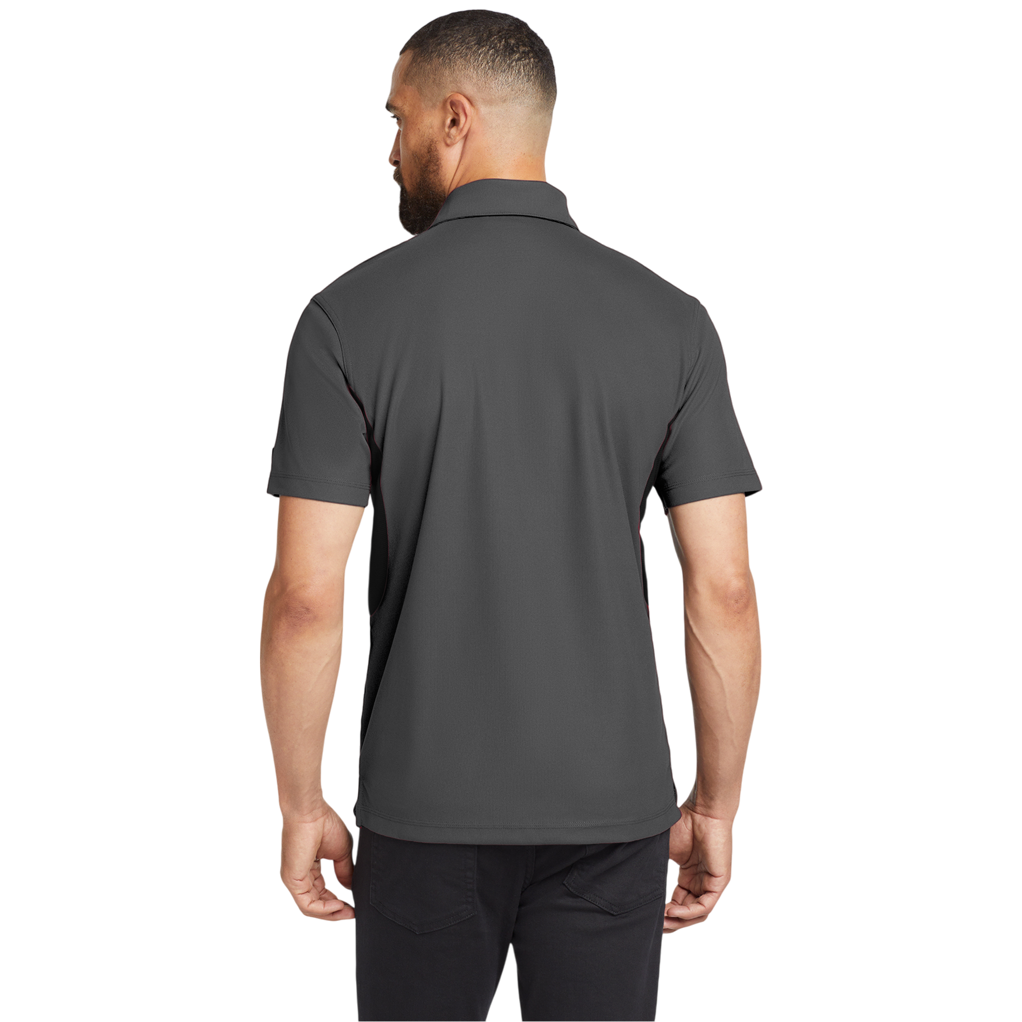 Back view of Diesel Grey and Blacktop men's performance polo shirt