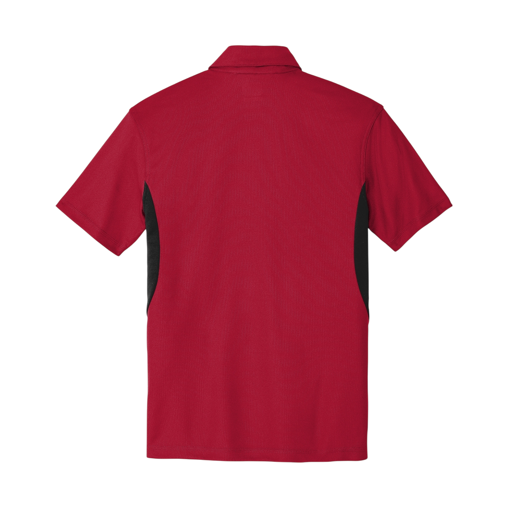 Back view of Signal Red and Blacktop men's performance polo shirt