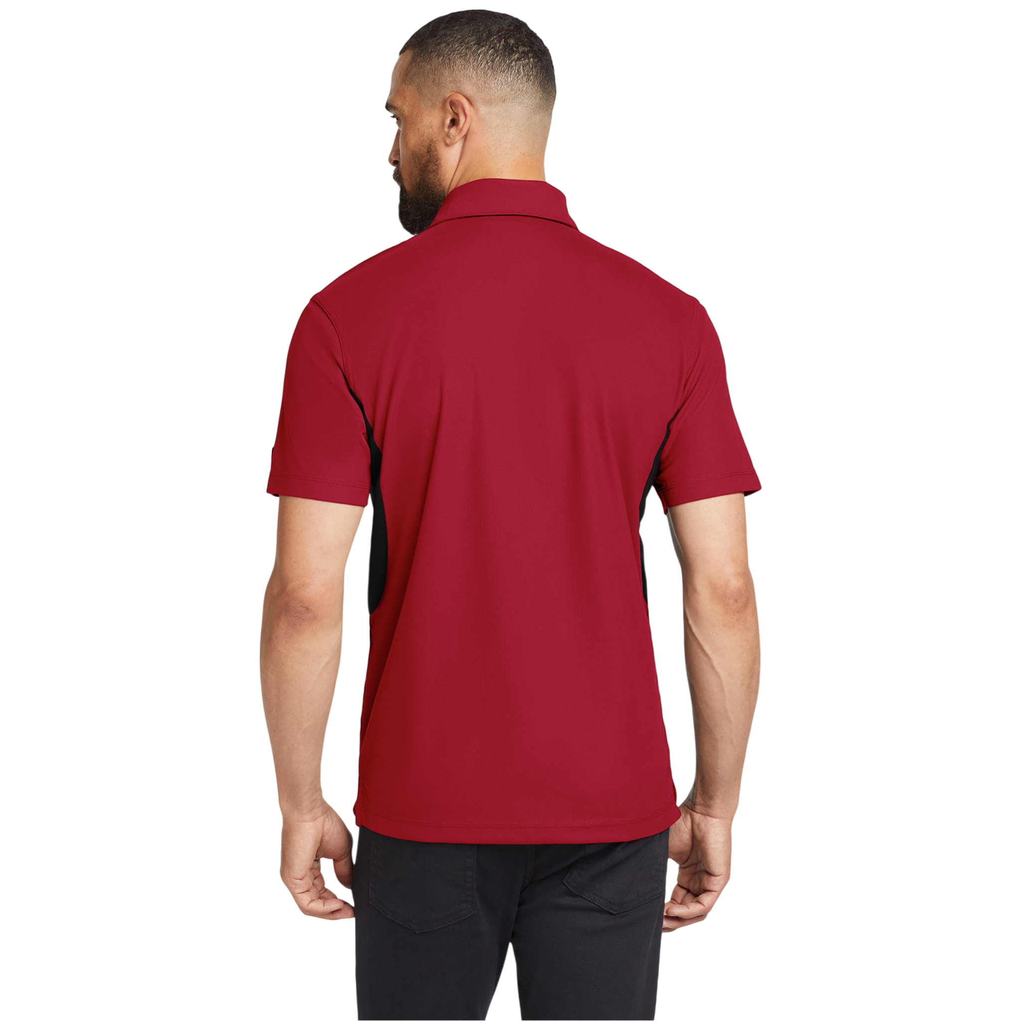 Back view of Signal Red and Blacktop men's performance polo shirt