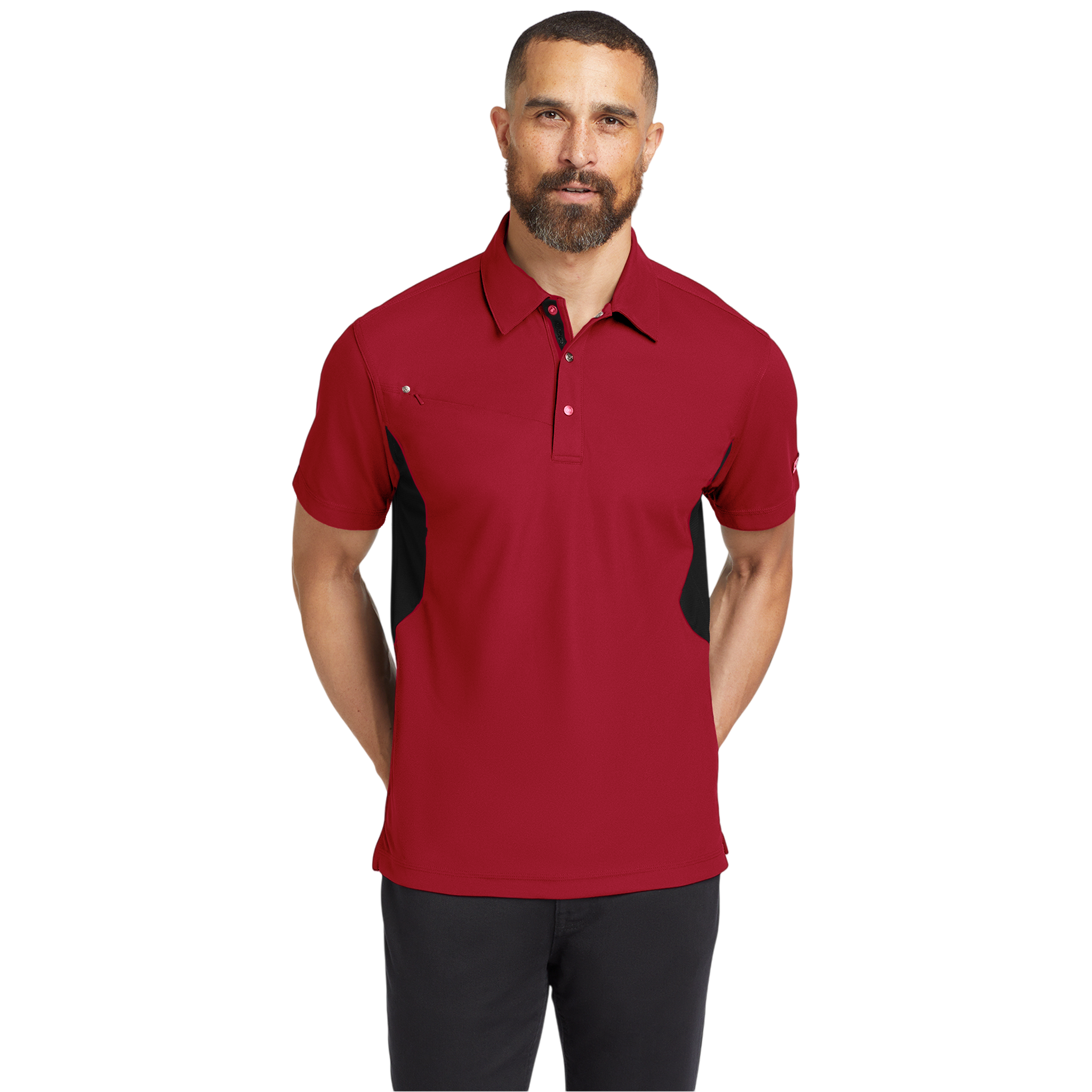 Close-up of fabric and collar of Signal Red and Blacktop men's polo shirt