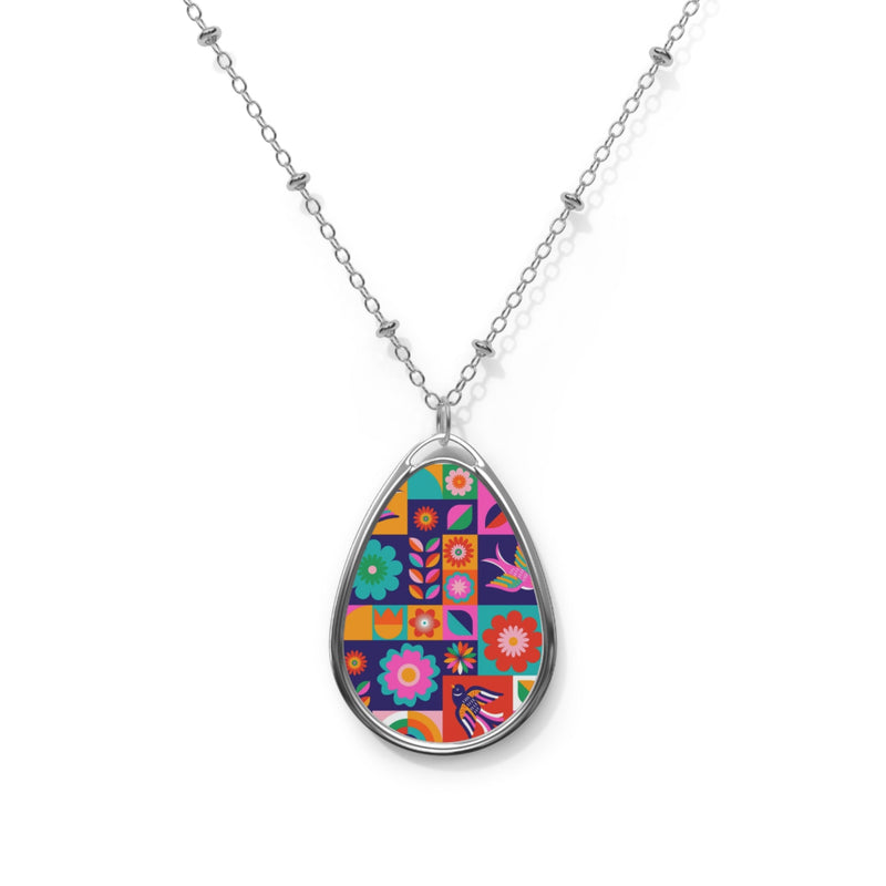 Oval Necklace — Colorful Retro Floral Teardrop Pendant Necklace Printify