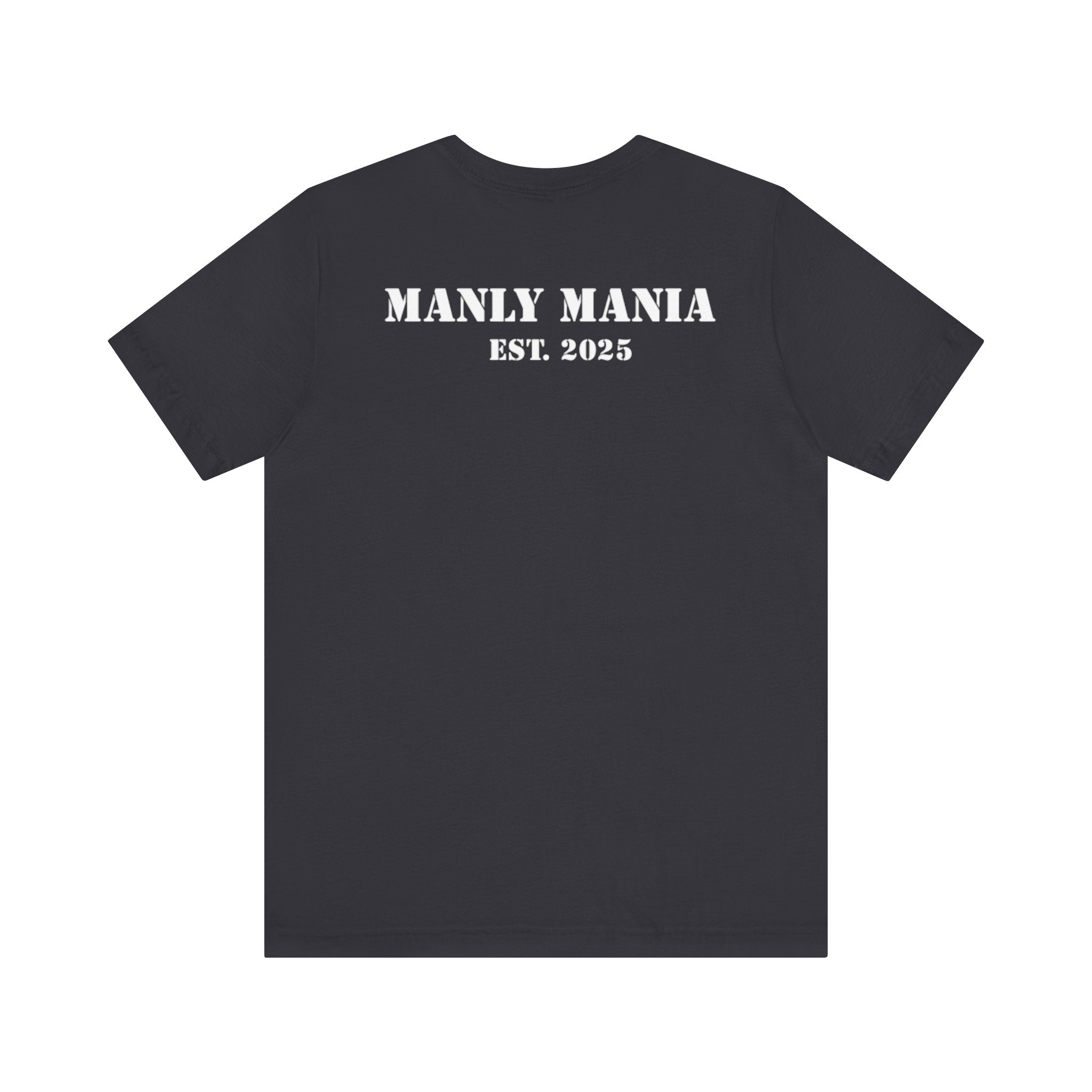 Manly Mania Rebel men's dark grey t-shirt back view, graphic tee