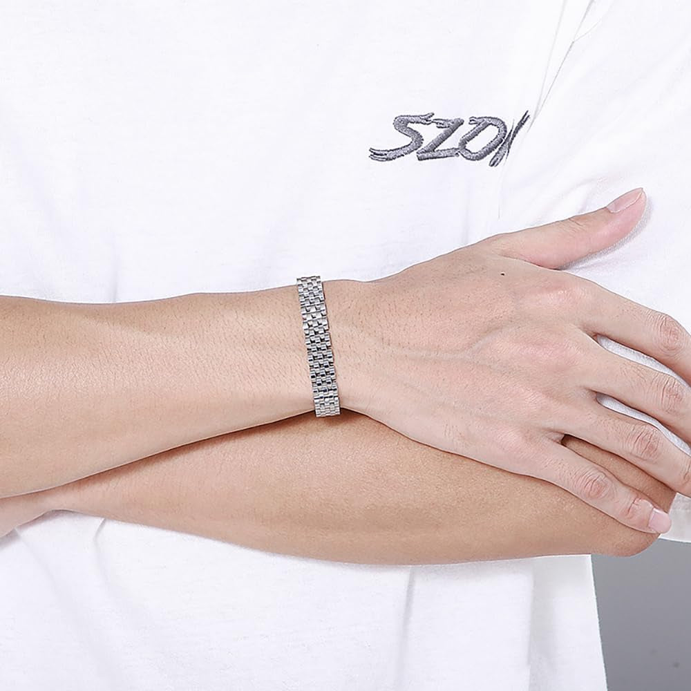 Silver Manly Mania Core Bracelet mockup on male wrist – Luxury stainless steel mens bracelet