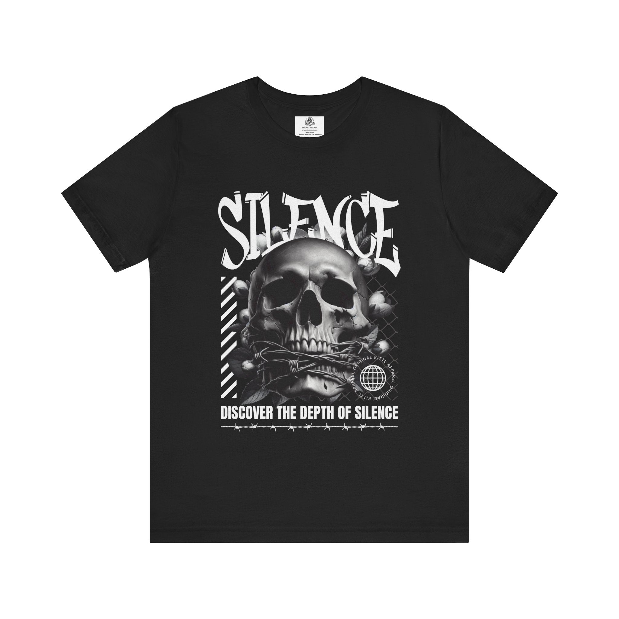 Manly Mania The Silence Tee Black Front View – Men’s Graphic T Shirt