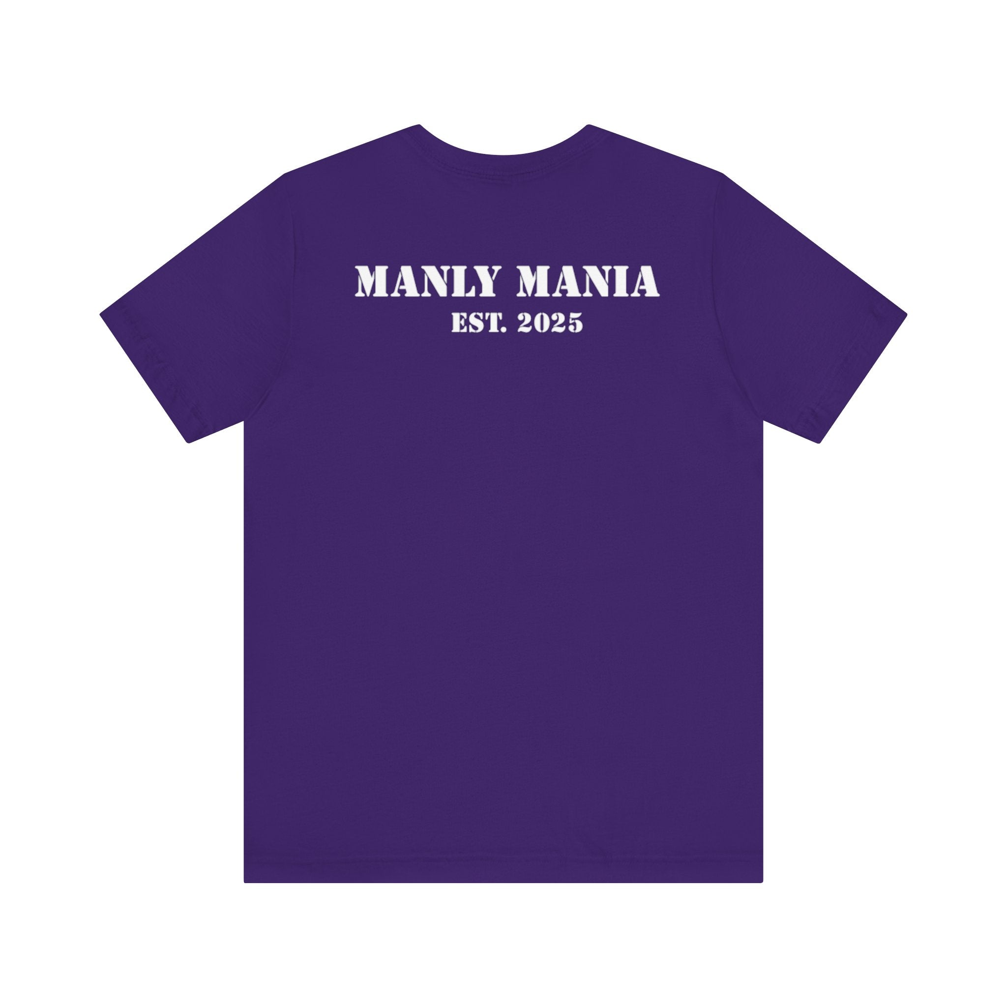 Manly Mania Rebel men's team purple t-shirt back view, graphic tee