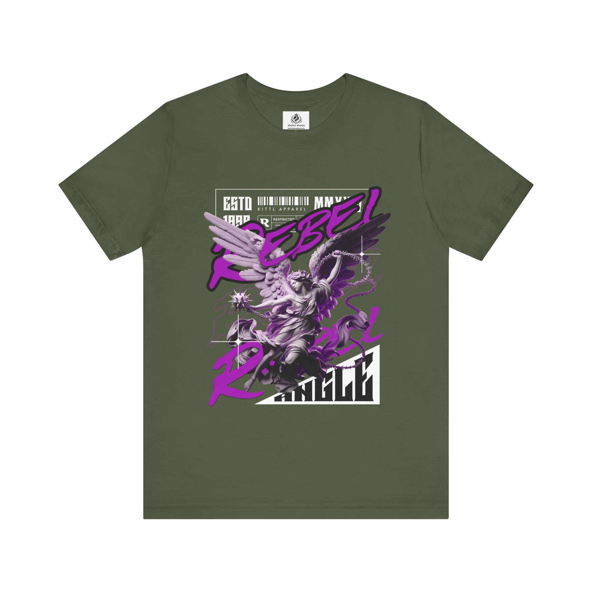 Manly Mania Rebel men's military green t-shirt front view, graphic tee