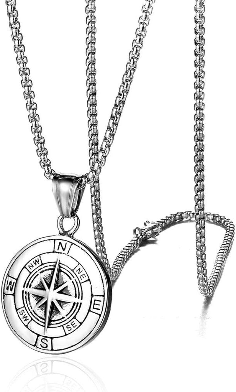 Manly Mania Dominion Compass pendant necklace front view – stainless steel men's chain and pendant