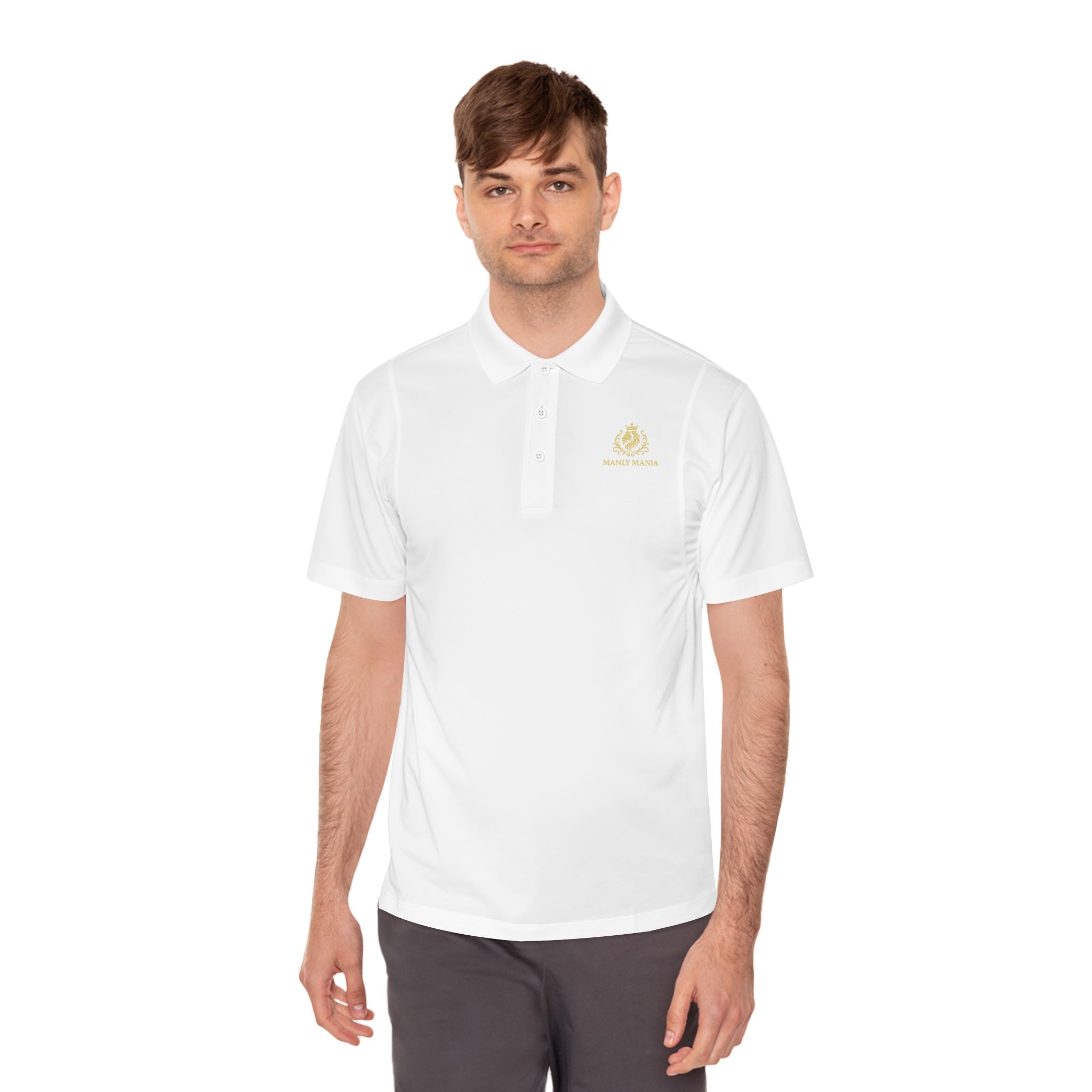 Close-Up of Manly Mania Golden Titan Polo Shirt in White – Tailored Fit and Fabric