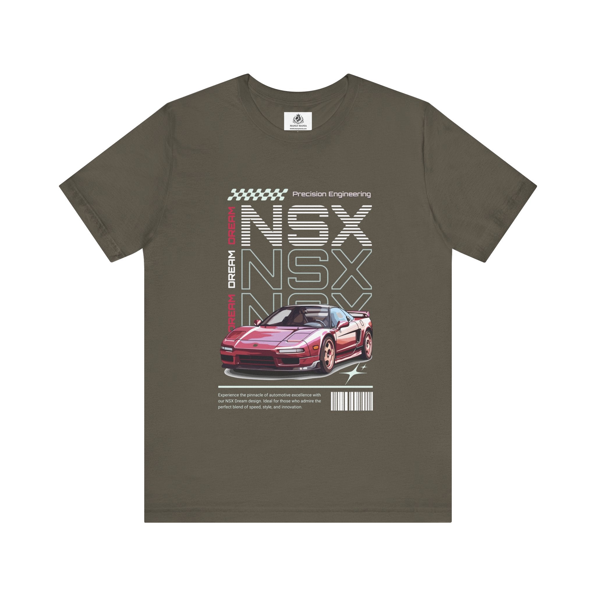 Manly Mania Car Enthusiast Tee in Army – Front View – Men's Graphic T Shirt