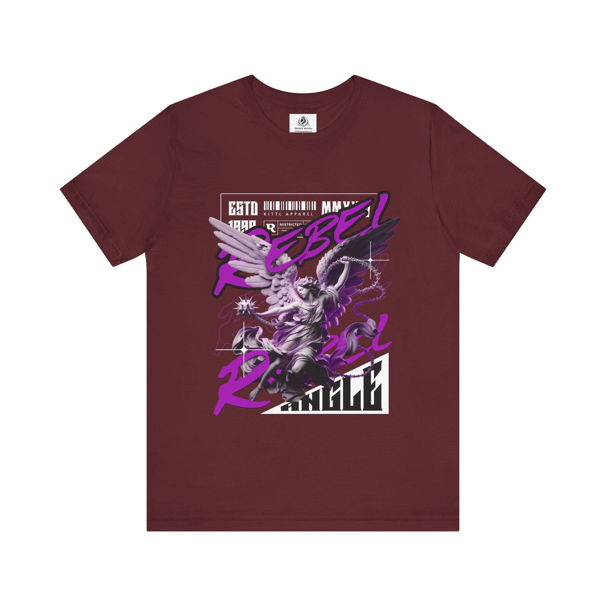 Manly Mania Rebel men's maroon t-shirt front view, graphic tee
