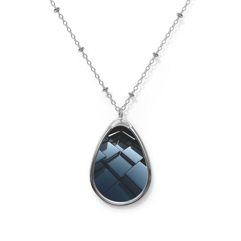 Oval Teardrop Pendant Necklace — Mirrored Blue Geometric Stone Printify