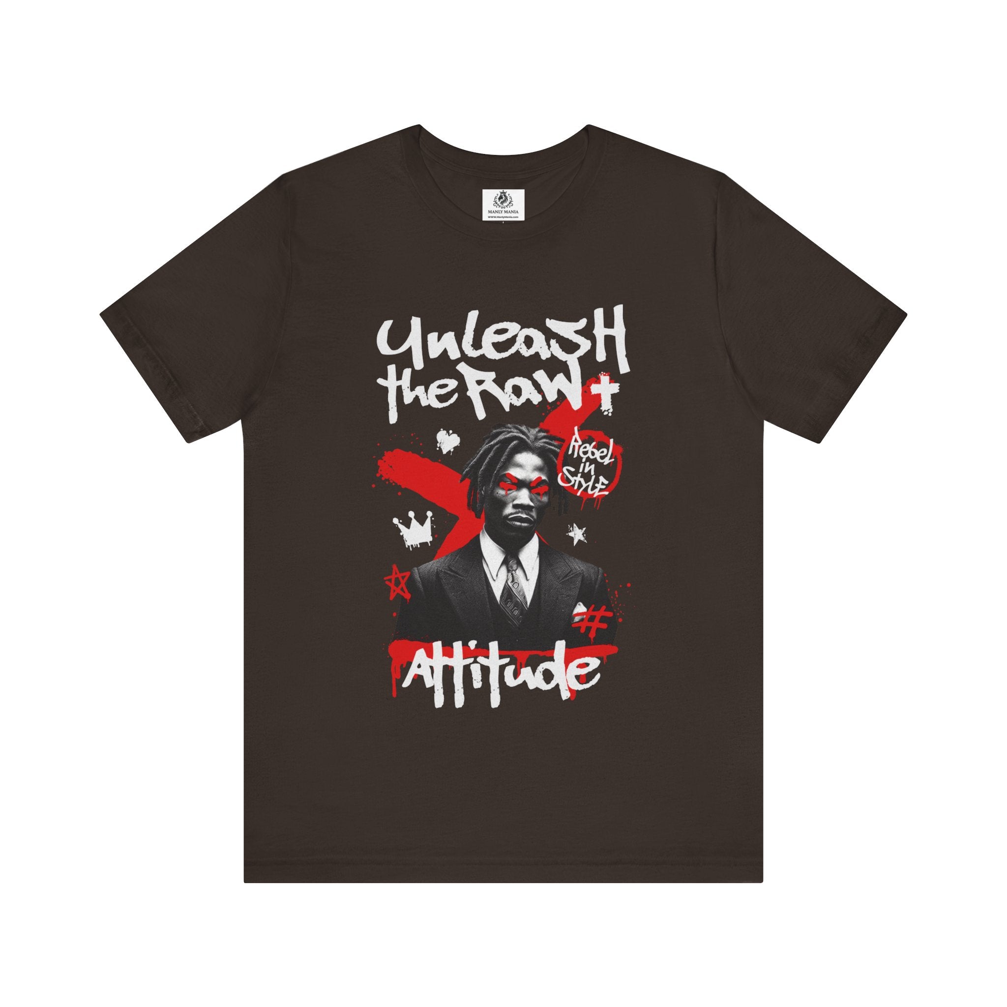  Manly Mania Brown Attitude T-Shirt Front View – Rugged Men's Graphic T Shirt