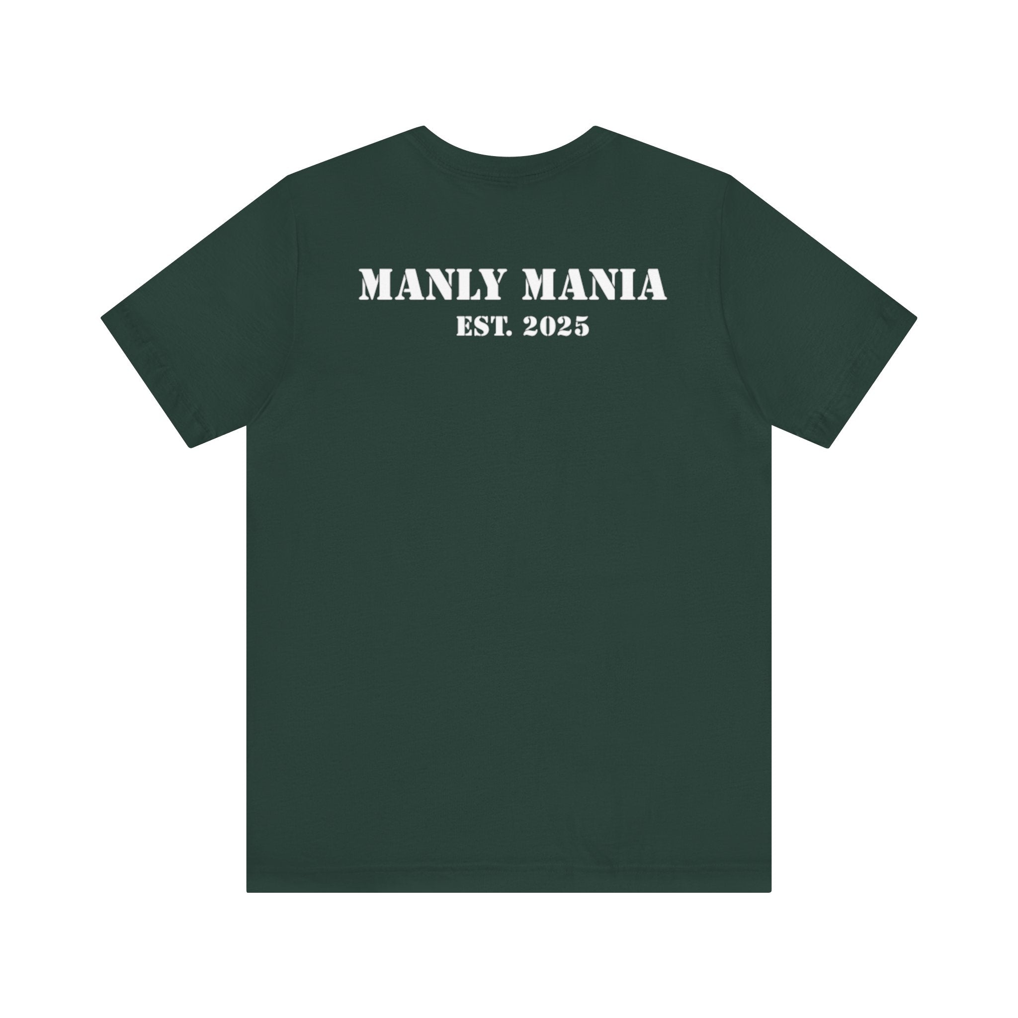 Manly Mania Rebel men's forest green t-shirt back view, graphic tee