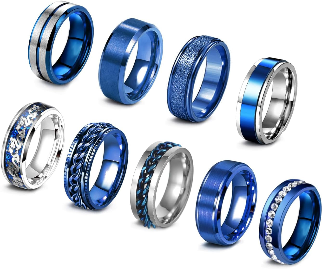 Blue Nine Fold mens rings set with spinner chains - premium stainless steel promise rings