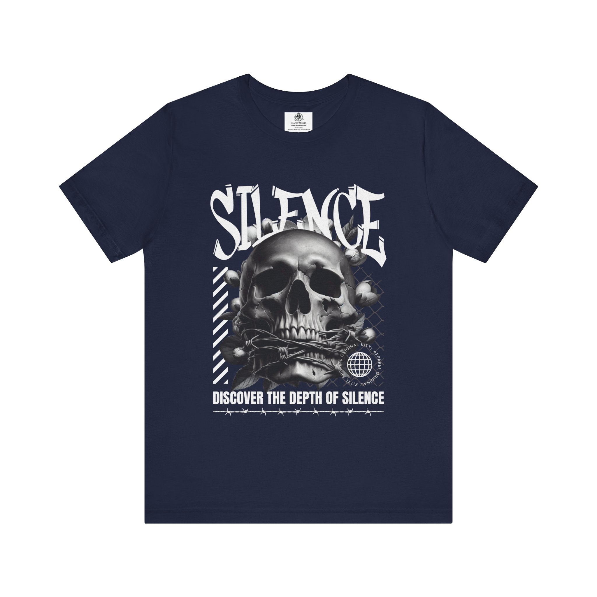 Manly Mania The Silence Tee Navy Front View – Men’s Graphic T Shirt