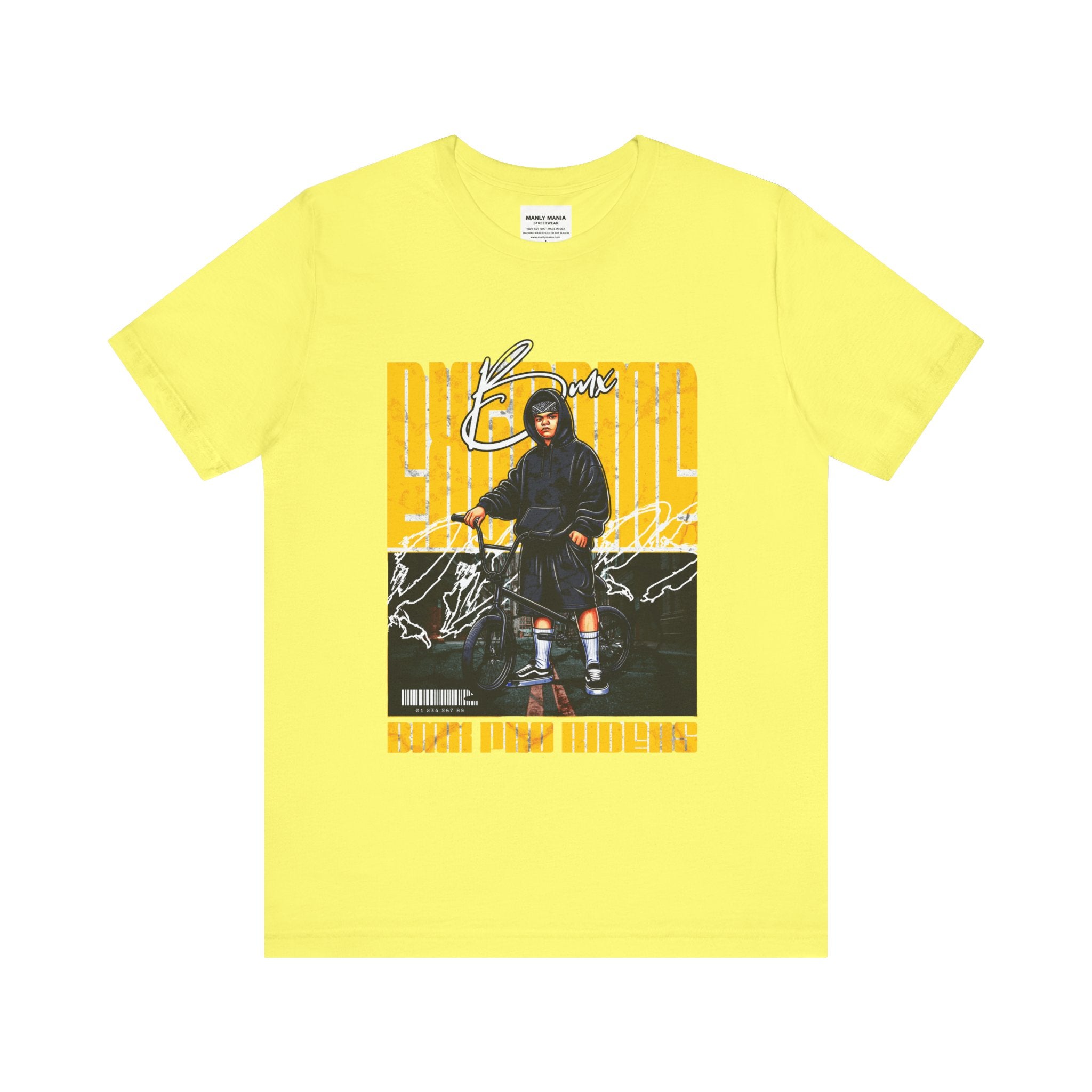 Manly Mania Core men's yellow t-shirt front view, graphic tee