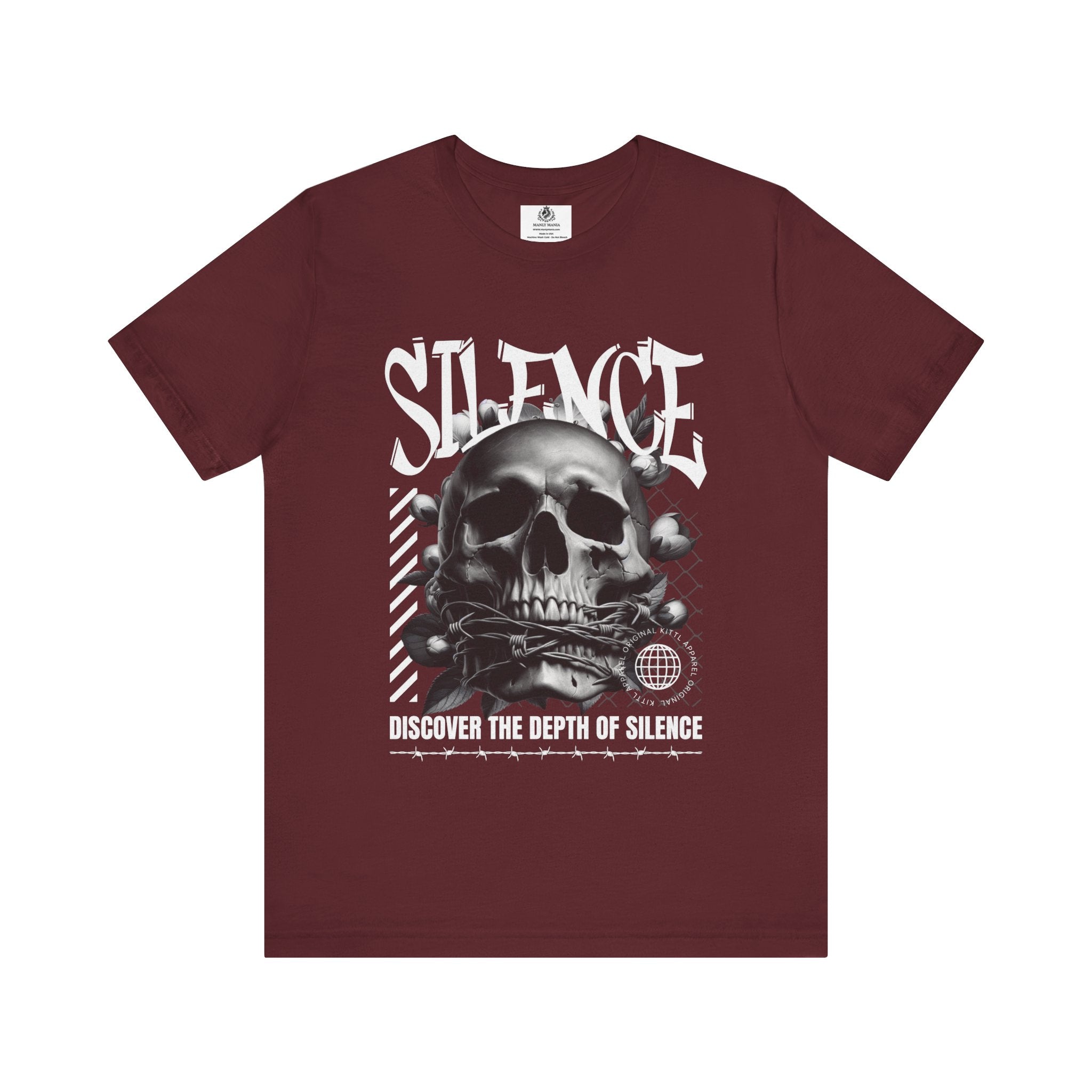 Manly Mania The Silence Tee Maroon Front View – Men’s Graphic T Shirt