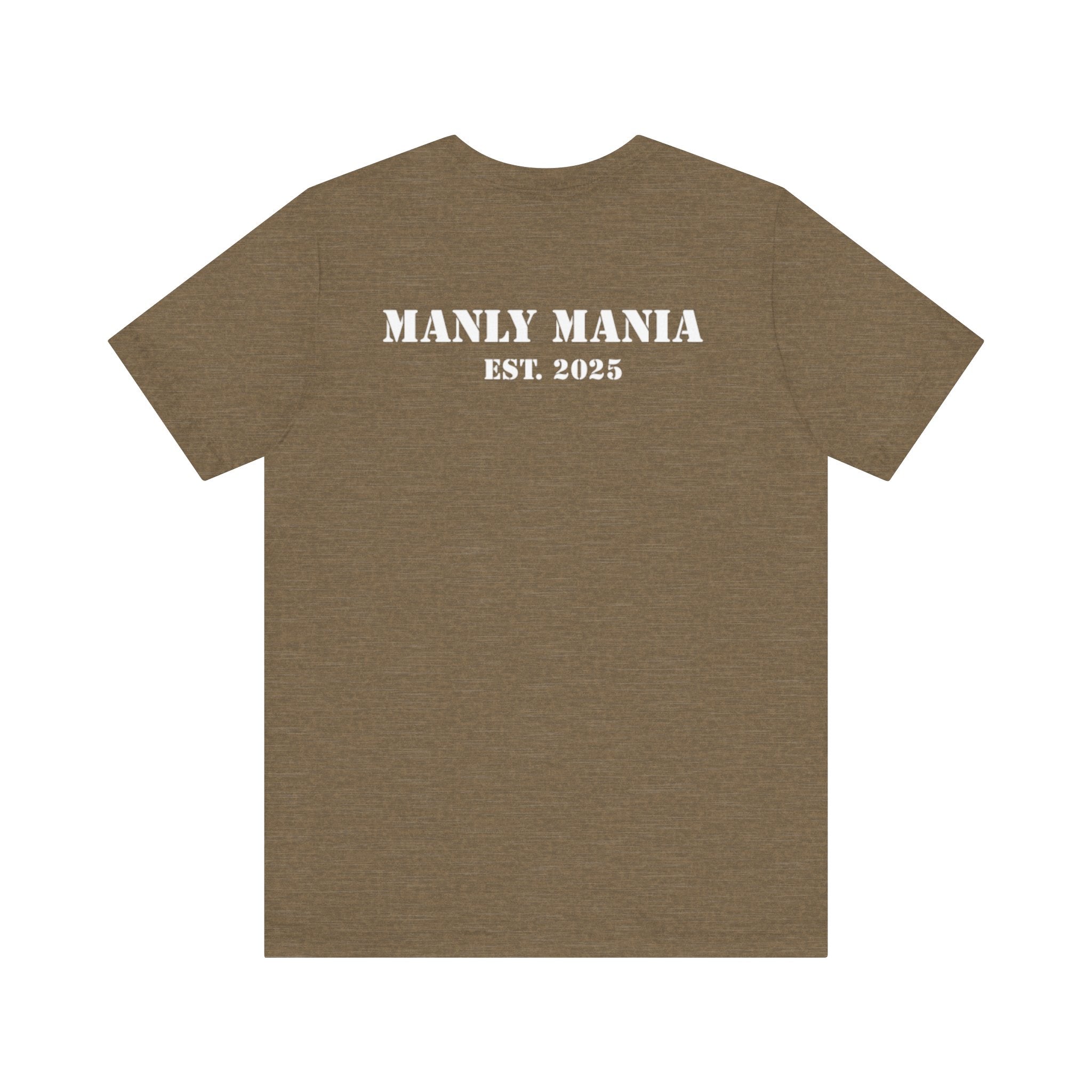Manly Mania Car Enthusiast Tee in Heather Olive – Back View – Men's Graphic T Shirt
