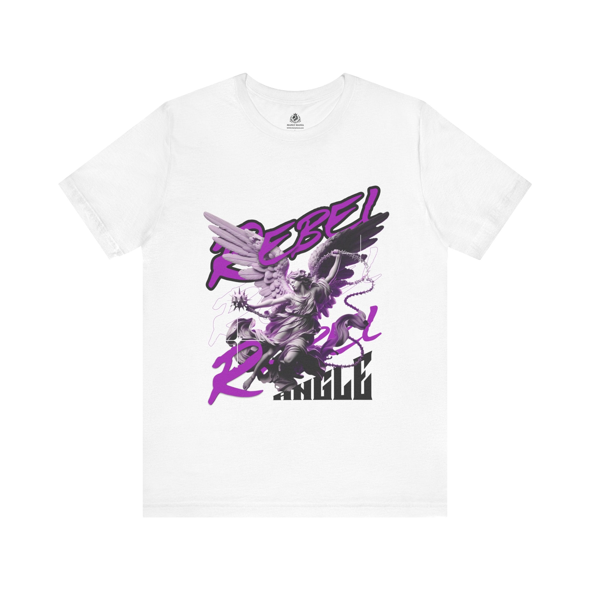 Manly Mania Rebel men's white t-shirt front view, graphic tee