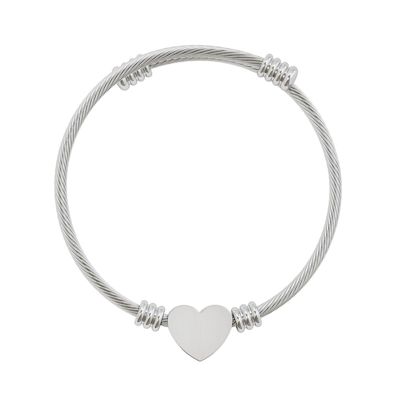 Engravable Heart Cuff Bracelet — Personalized Silver Cable Bangle for Gifts & Anniversaries Printify