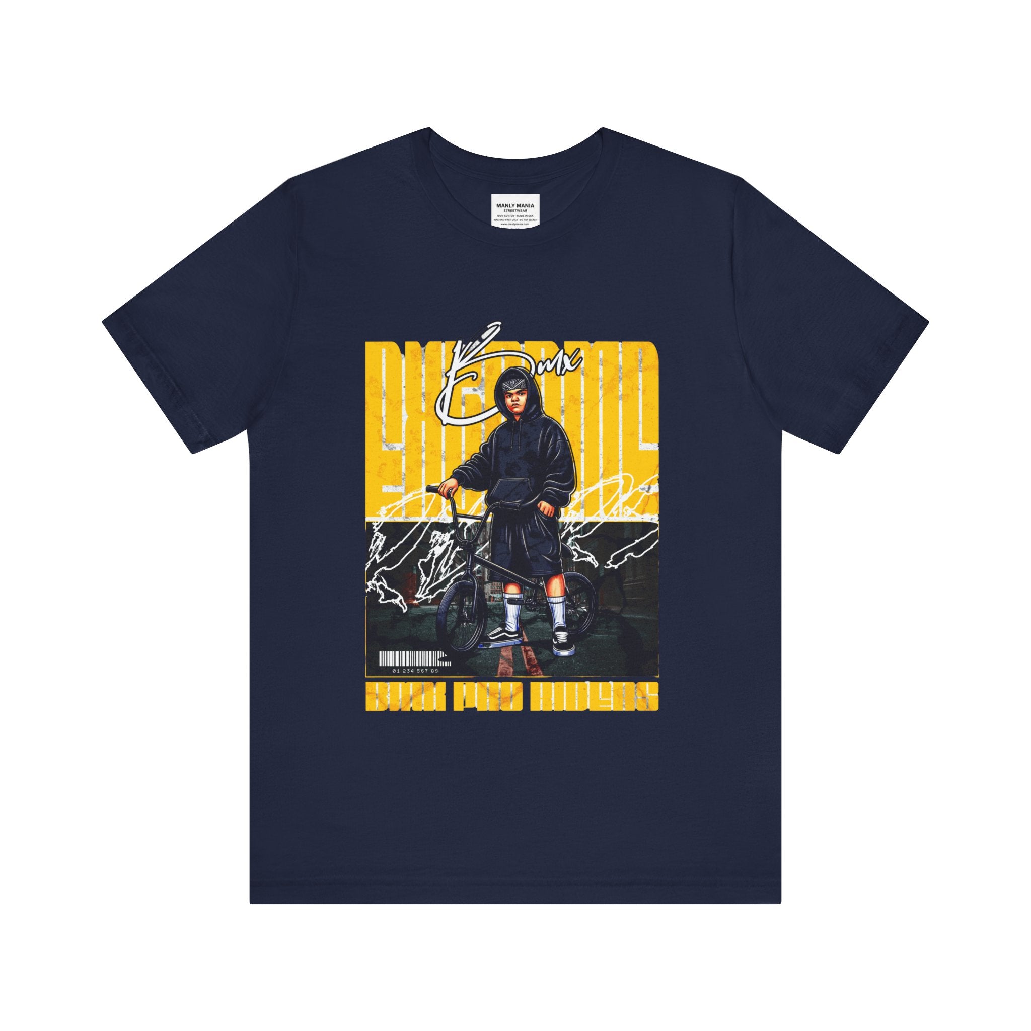 Manly Mania Core men's navy t-shirt front view, graphic tee