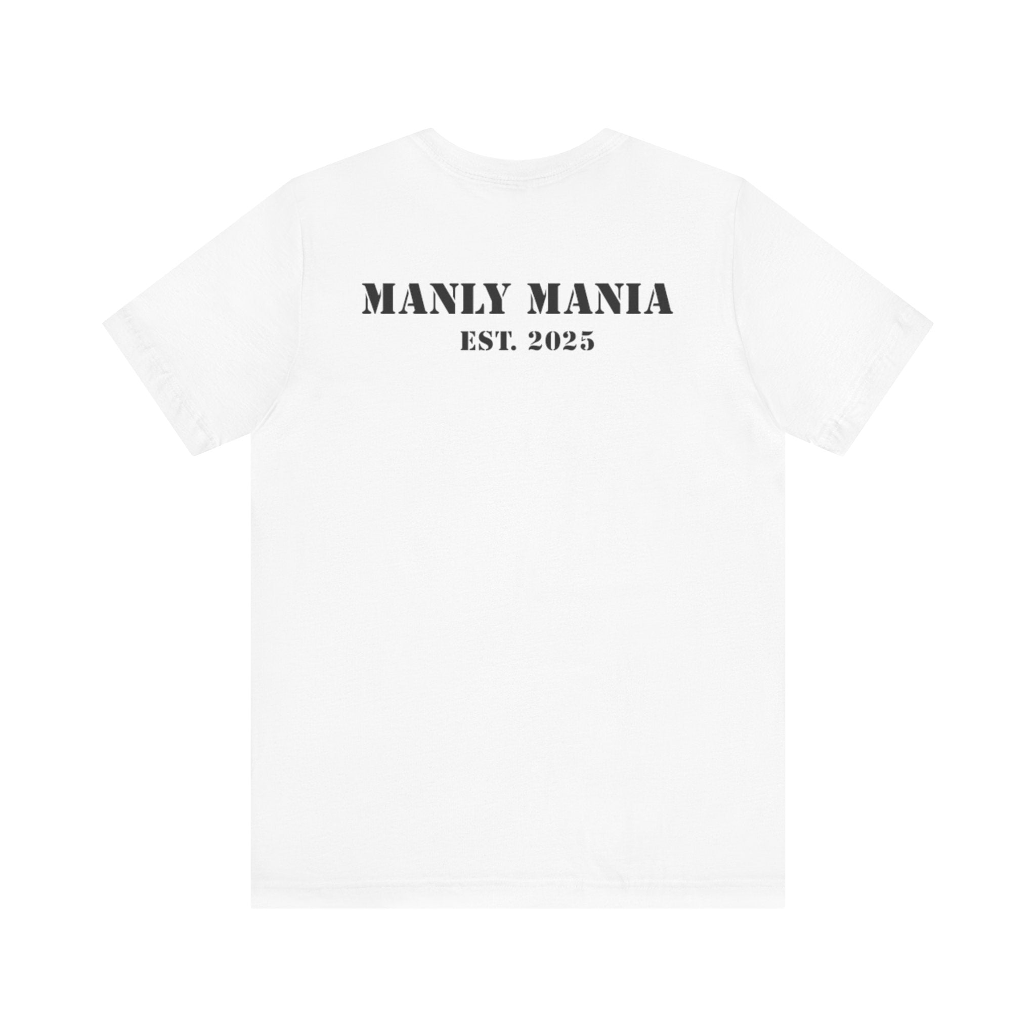 Manly Mania Rebel men's white t-shirt back view, graphic tee