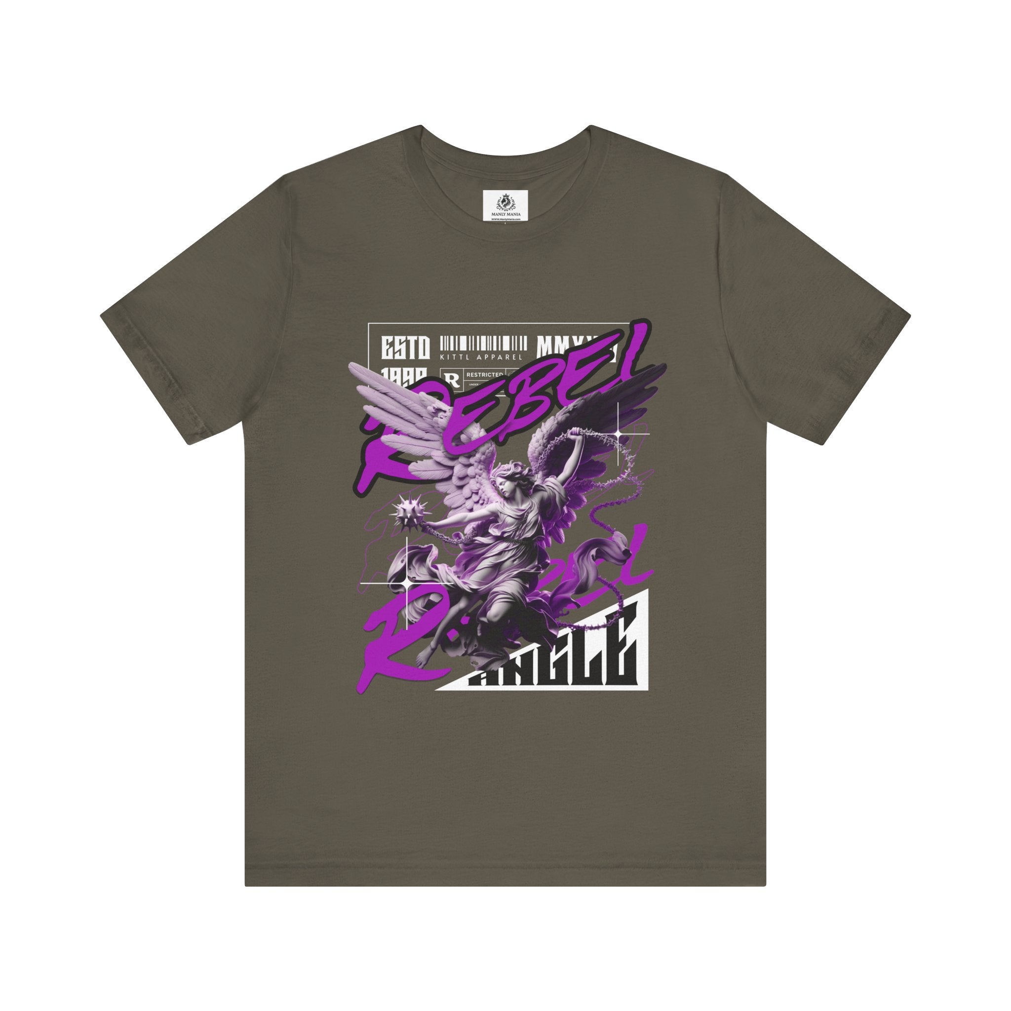 Manly Mania Rebel men's army green t-shirt front view, graphic tee