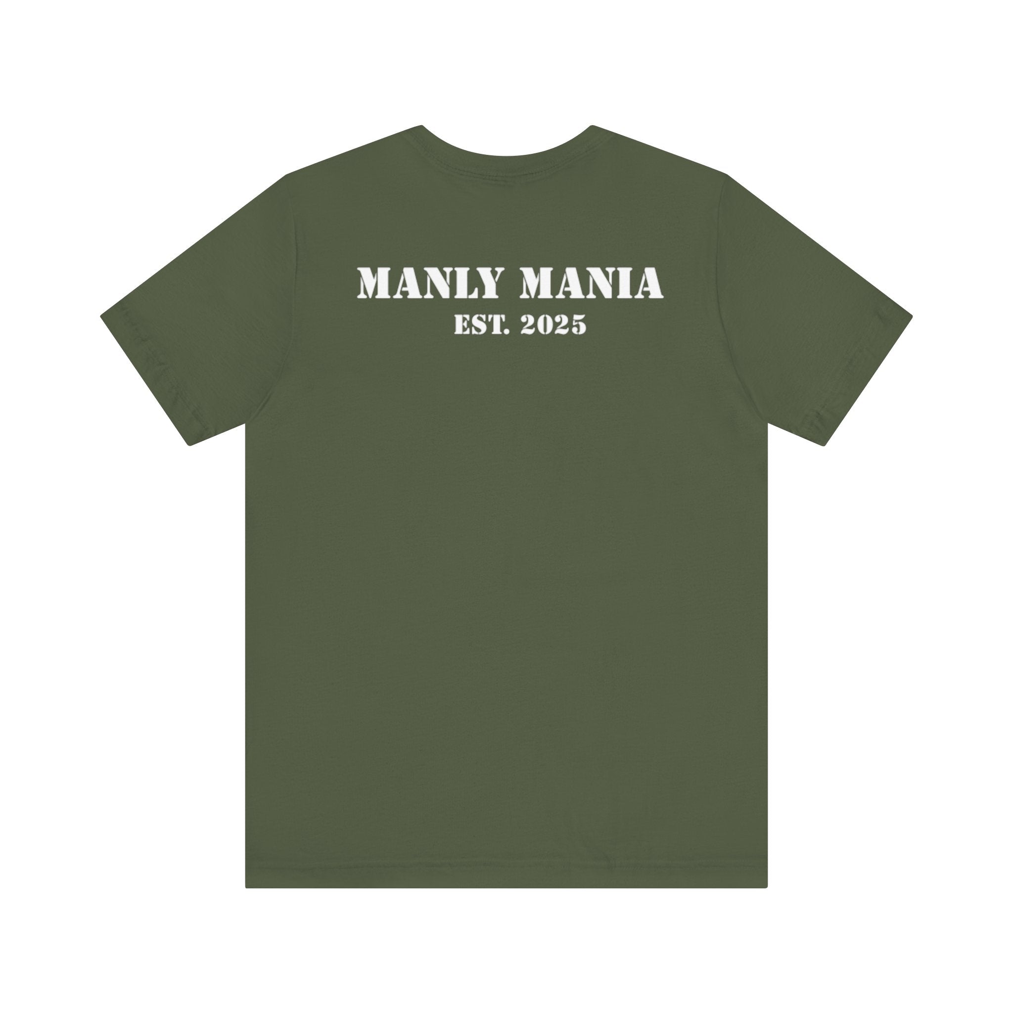 Manly Mania Rebel men's military green t-shirt back view, graphic tee